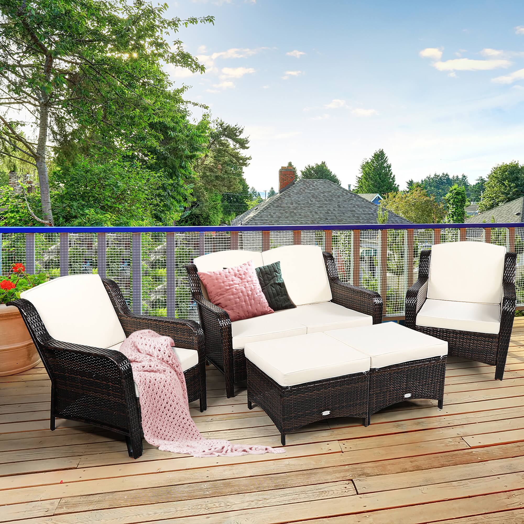 Alt View 8. Costway - Costway 5PCS Patio Rattan Furniture Set Loveseat Sofa Ottoman Off White Cushion - Off White.