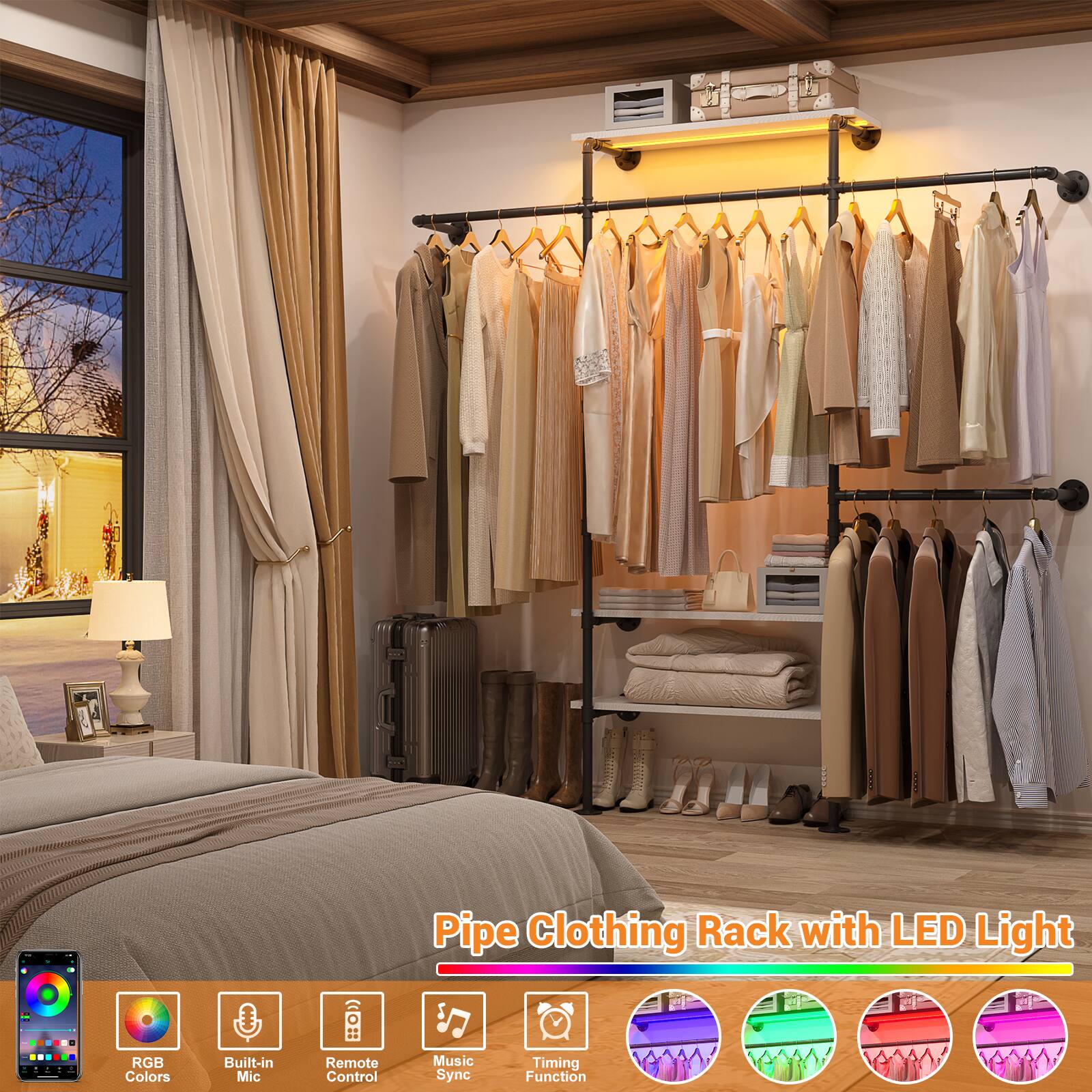 Pipe Clothing Rack with LED Light + RGB Colors Built-in Mic Remote Control Music Sync Timing Function