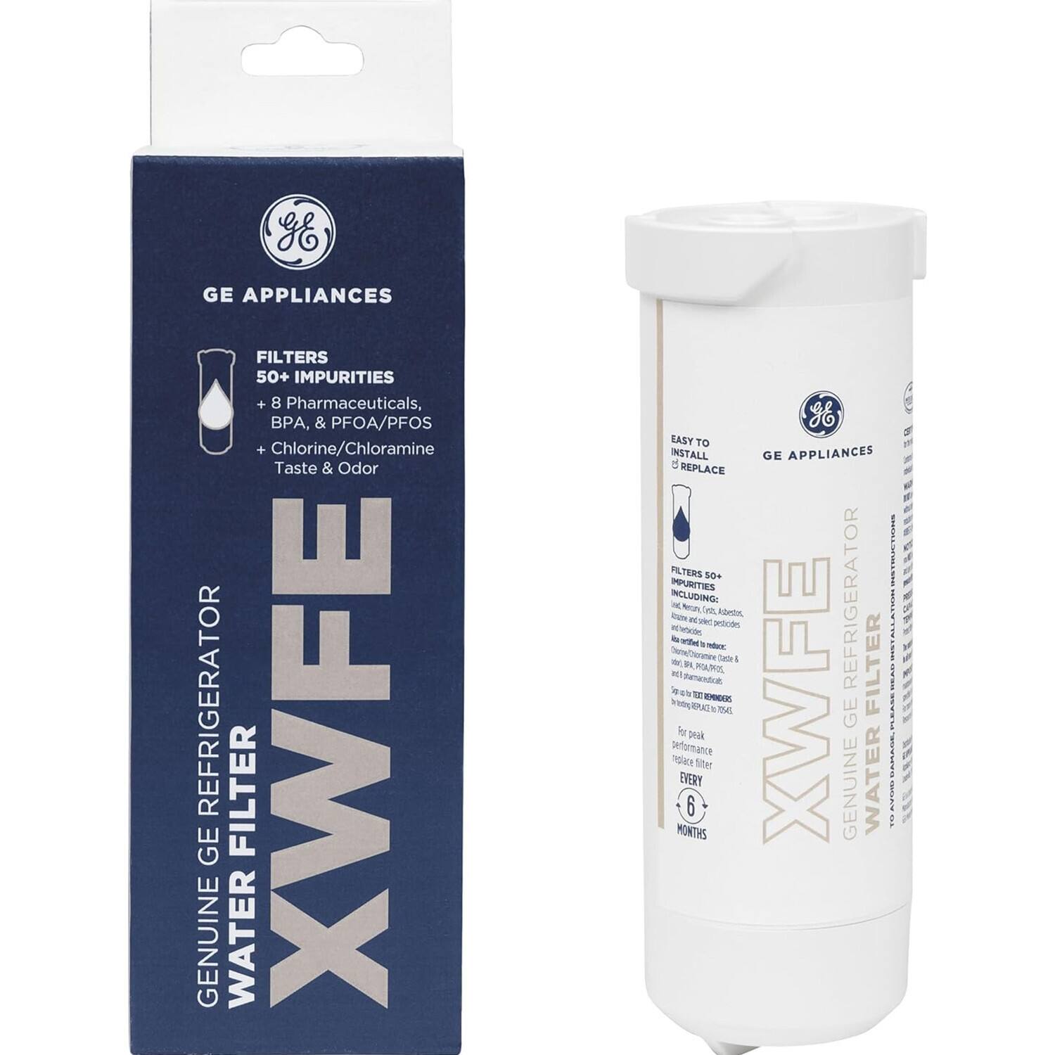 GE APPLIANCES  
FILTERS 50+ IMPURITIES  
+ 8 Pharmaceuticals, BPA, & PFOA/PFOS  
+ Chlorine/Chloramine Taste & Odor  

GENUINE WATER FILTER  
FOR GE REFRIGERATOR  

EASY TO INSTALL & REPLACE  

XWFE  

FILTERS 50+ IMPURITIES  
INCLUDING:  
- Pharmaceuticals  
- BPA  
- PFOA/PFOS  
- Chlorine/Chloramine  
- Taste & Odor  

For peak performance, replace filter EVERY 6 MONTHS  

GE APPLIANCES  
XWFE  
GENUINE WATER FILTER  
FOR GE REFRIGERATOR  

EASY TO INSTALL & REPLACE  

FILTERS 50+ IMPURITIES  
INCLUDING:  
- Pharmaceuticals  
- BPA  
- PFOA/PFOS  
- Chlorine/Chloramine  
- Taste & Odor  

For peak performance, replace filter EVERY 6 MONTHS