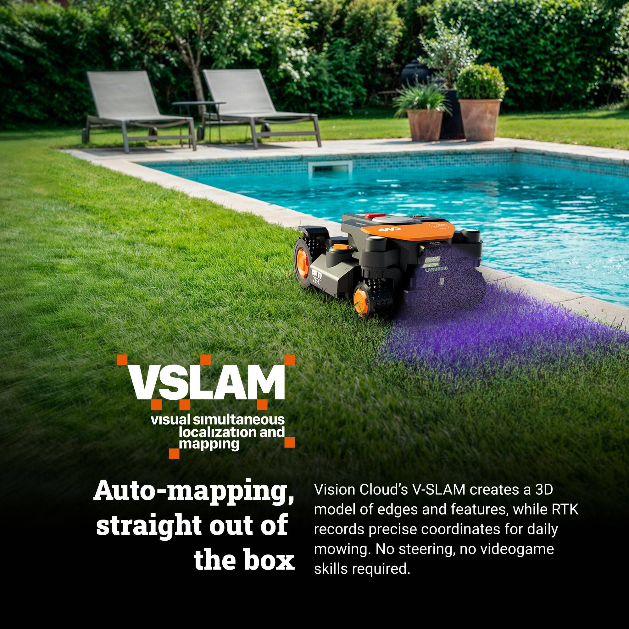 VSLAM  
visual simultaneous localization and mapping  

Auto-mapping, straight out of the box  

Vision Cloud's V-SLAM creates a 3D model of edges and features, while RTK records precise coordinates for daily mowing. No steering, no videogame skills required.
