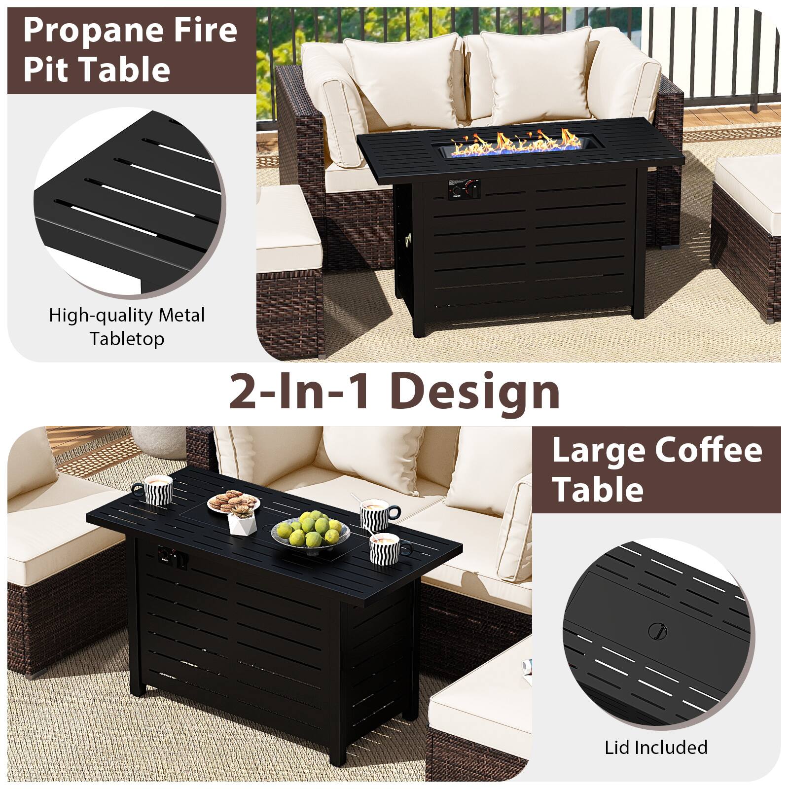 Propane Fire Pit Table

High-quality Metal Tabletop

2-In-1 Design

Large Coffee Table

Lid Included