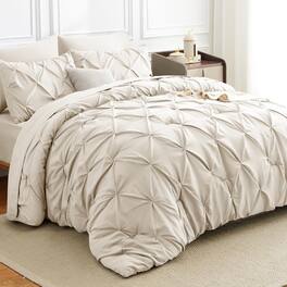 Paradigms Interiors - Comforter Set 7 Pieces Bed In A Bag Luxury Soft Size Pintuck Pinch Pleat Bedding Sets With Flat Sheet Fitte - Beige-Queen