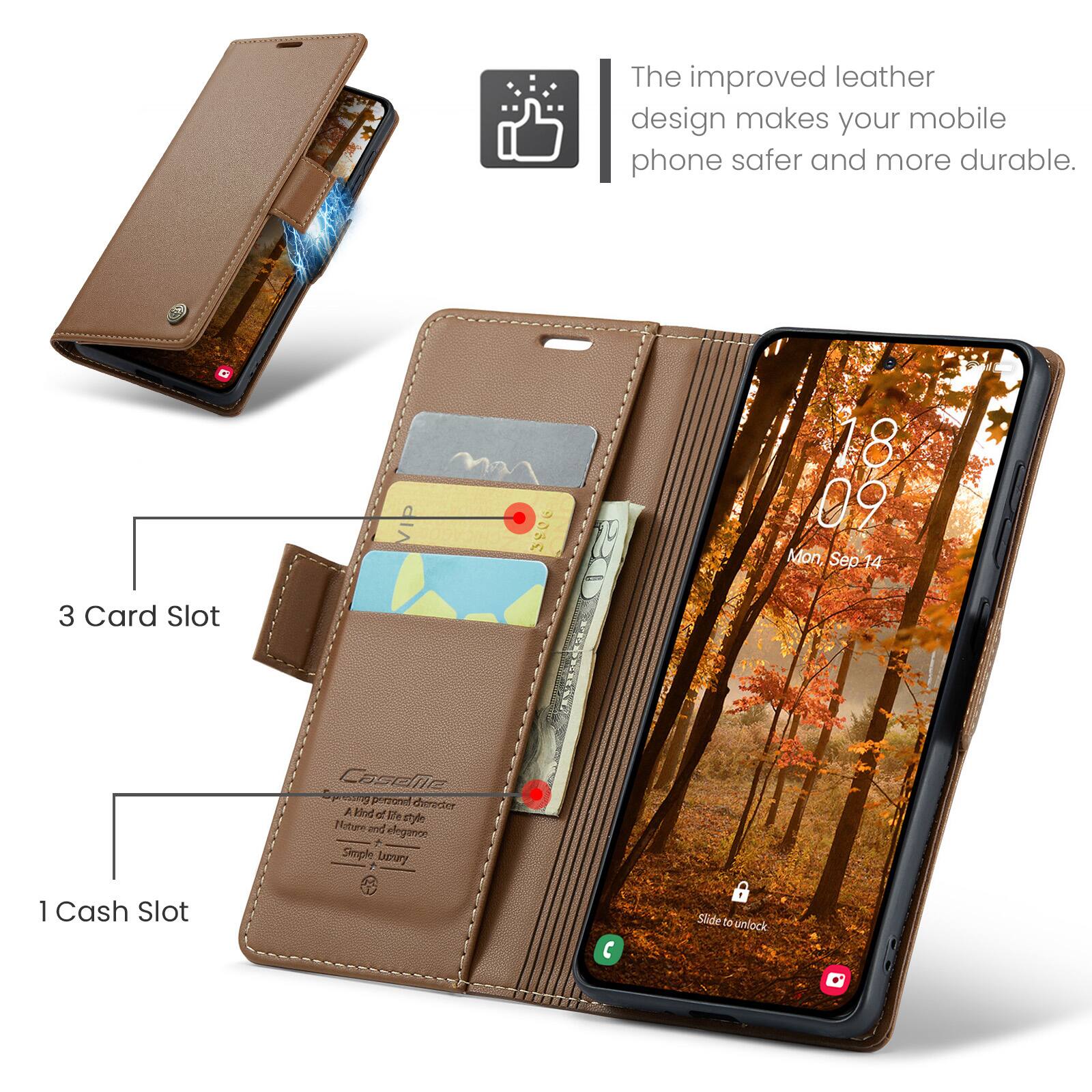 The improved leather design makes your mobile phone safer and more durable. 3 Card Slot 1 Cash Slot Slide to unlock