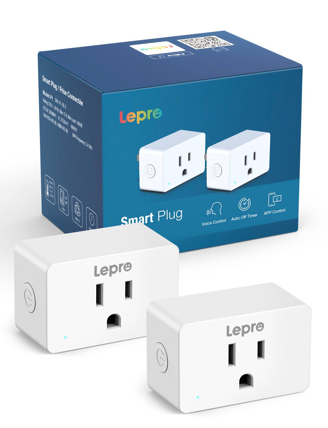 Lepro - P1 Smart Mini Plug 15A 1800W, Timer/Gruop Control, Alexa/Google Assistant, Bluetooth/2.4Ghz WiFi Only (2-Pack) - White