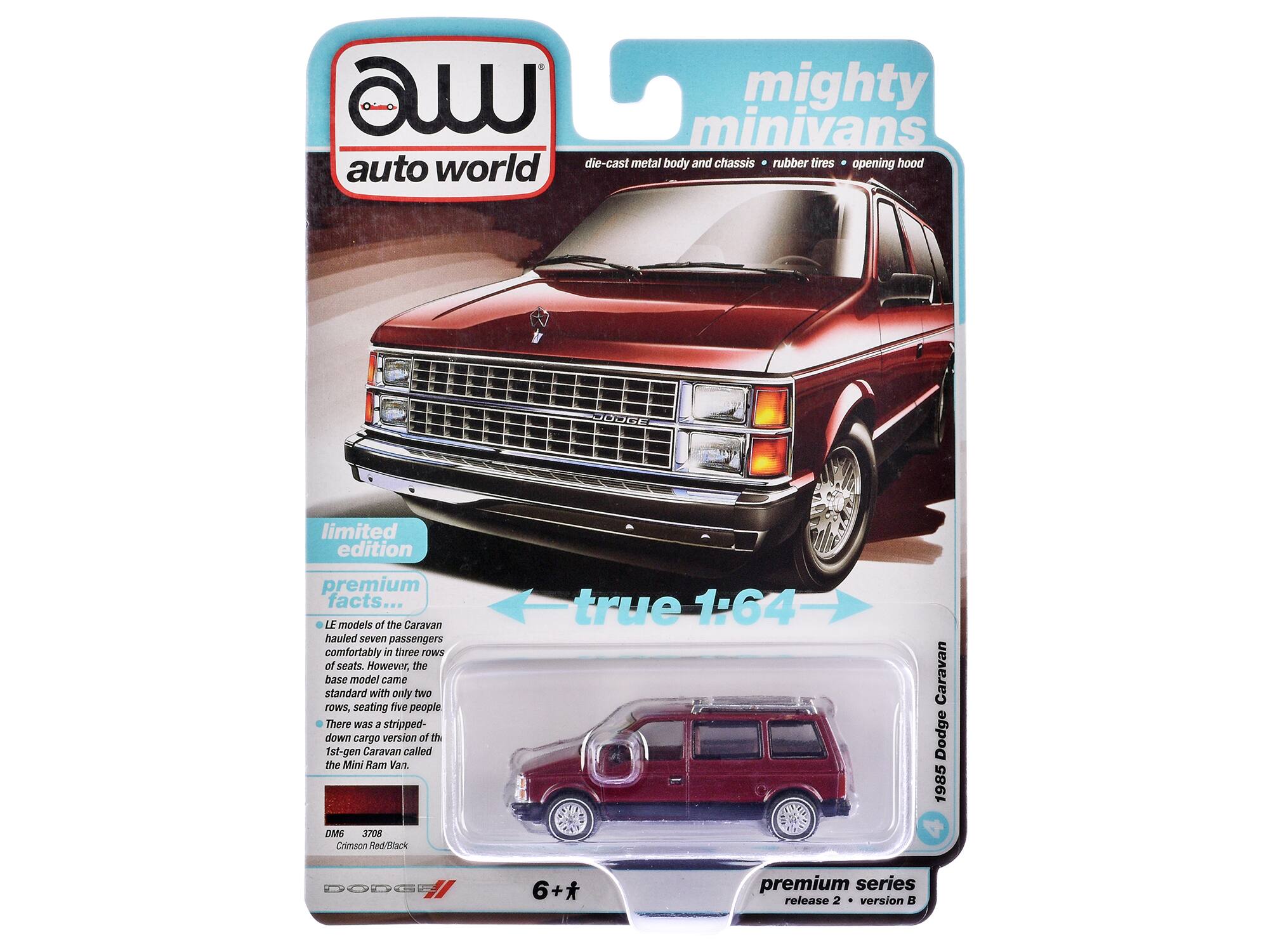 mighty minivans world die-cast metal body and chassis rubber tires opening hood auto SODGE limited edition premium facts... LE models of the Caravan hauled seven passengers comfortably in three rows of seats. However, the base model came standard with only two rows, seating five people. There was a stripped-down cargo version of the 1st-gen Caravan called the Mini Ram Van. true 1-64 Caravan Dodge 1985 DMS 3708 Crimson red/Black D000 6+* premium series release 2 version