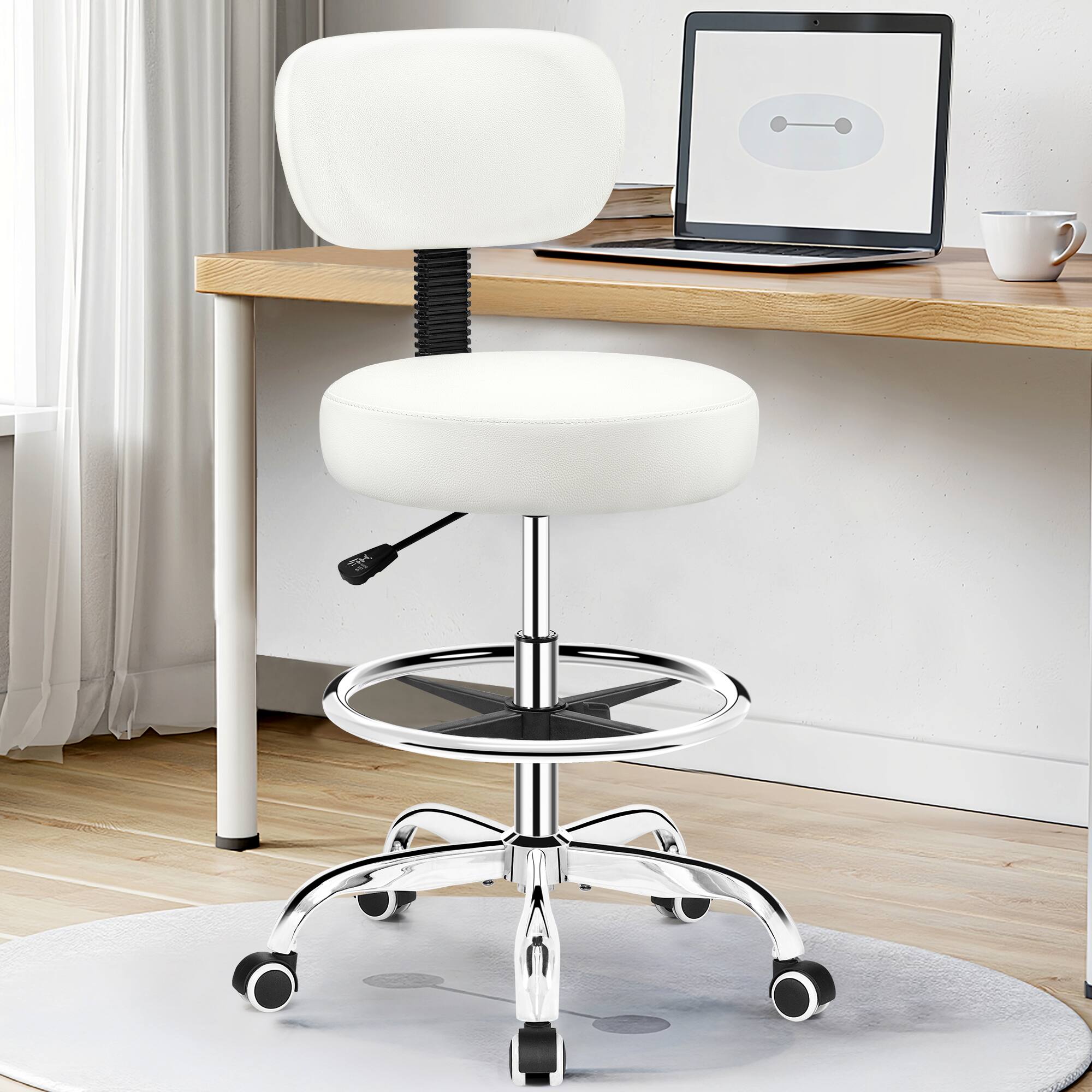 Left. Brick Attic - Drafting Chair with Backrest, PU Leather Adjustable Foot Rest Stool with Wheels for Office Spa Studio Lab Counter Salon - White.