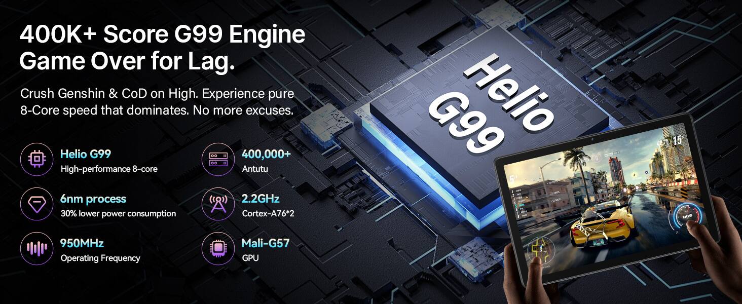 400K+ Score G99 Engine Game Over for Lag. Crush Genshin & CoD on High. Experience pure 8-Core speed that dominates. No more excuses.

Helio G99
- High-performance 8-core
- 6nm process
- 30% lower power consumption
- 950MHz Operating Frequency
- 2.2GHz Cortex-A76*2
- Mali-G57 GPU

400,000+ Antutu