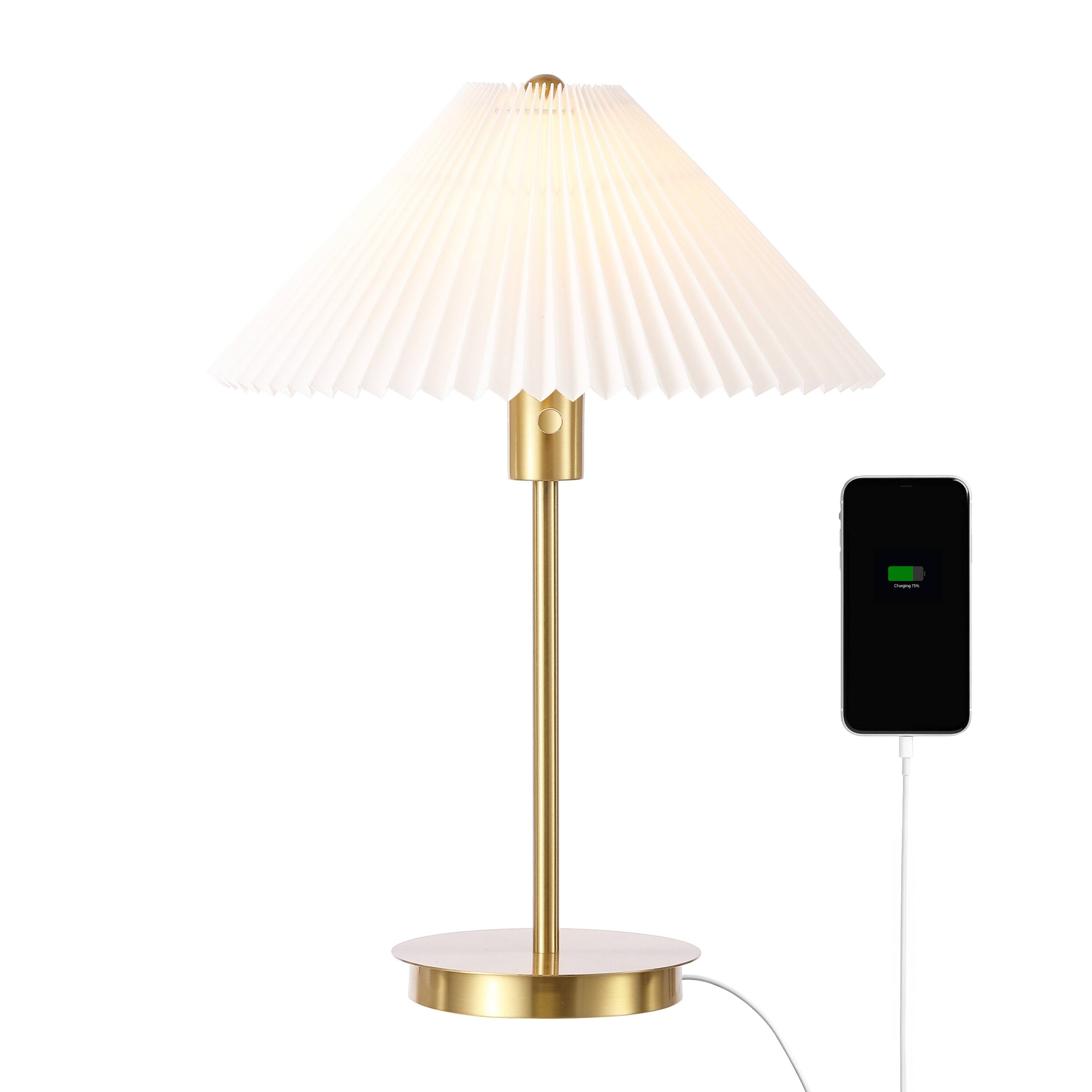 Front. Jonathan Y - Freida 21.25" Modern Glam Metal Column LED Table Lamp with USB Charging Port and Pleated Shade, Brass Gold/White - Brass Gold.