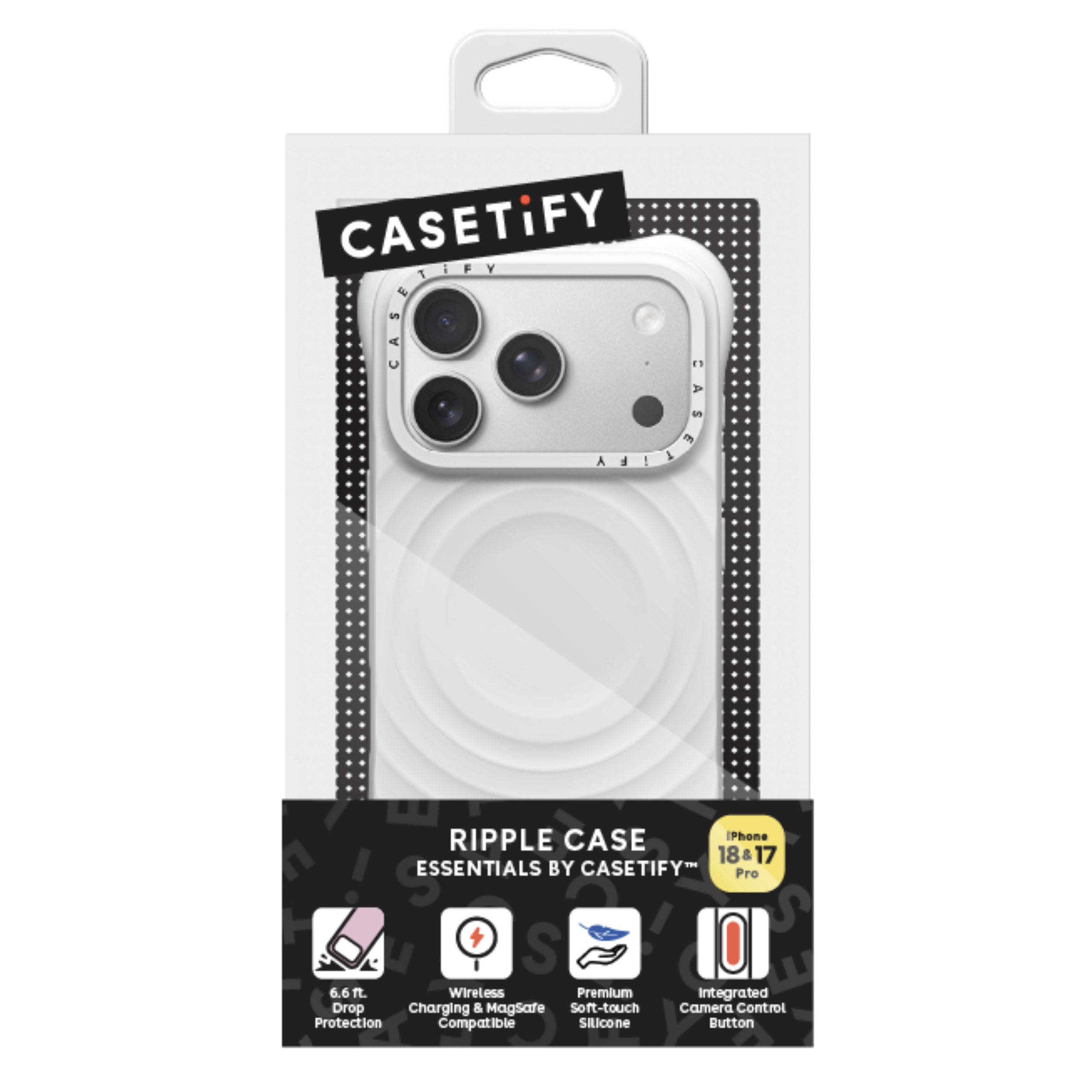 CASETiFY CHALLENGE CASHIER  
RIPPLE CASE iPhone 18&17 ESSENTIALS BY CASETiFY Pro  
6.6 ft. Wireless Premium Integrated Drop Charging & MagSafe Soft-touch Camera Control Protection