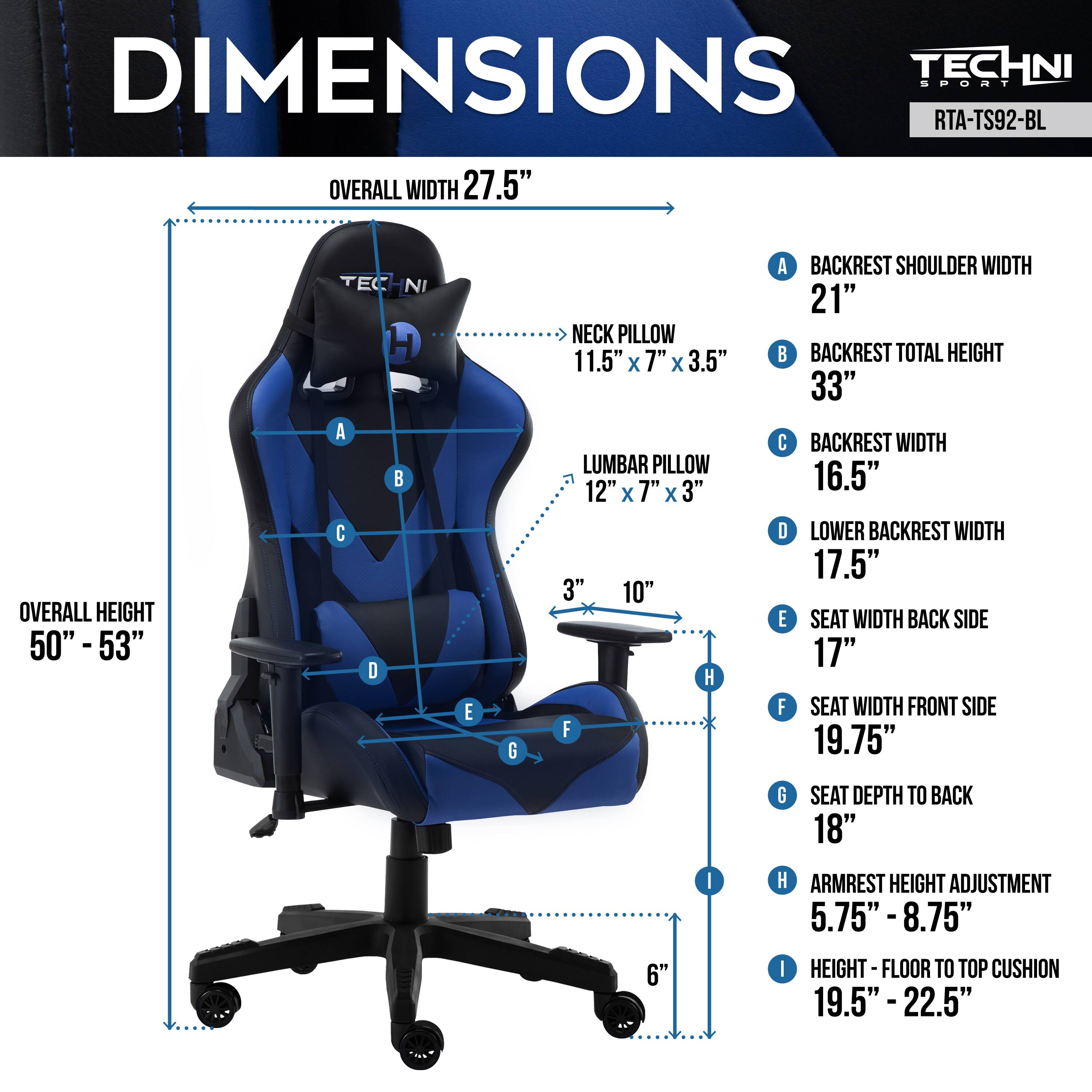 DIMENSIONS
TECHNI SOORT RTA-TS92-BL
OVERALL WIDTH 27.5"
OVERALL HEIGHT 50" - 53"
NECK PILLOW 11.5" x 7" x 3.5"
LUMBAR PILLOW 12" x 7" x 3"
BACKREST SHOULDER WIDTH 21"
BACKREST TOTAL HEIGHT 33"
BACKREST WIDTH 16.5"
LOWER BACKREST WIDTH 17.5"
SEAT WIDTH BACK SIDE 17"
SEAT WIDTH FRONT SIDE 19.75"
SEAT DEPTH TO BACK 18"
ARMREST HEIGHT ADJUSTMENT 5.75" - 8.75"
HEIGHT FLOOR TO TOP CUSHION 19.5" - 22.5"
