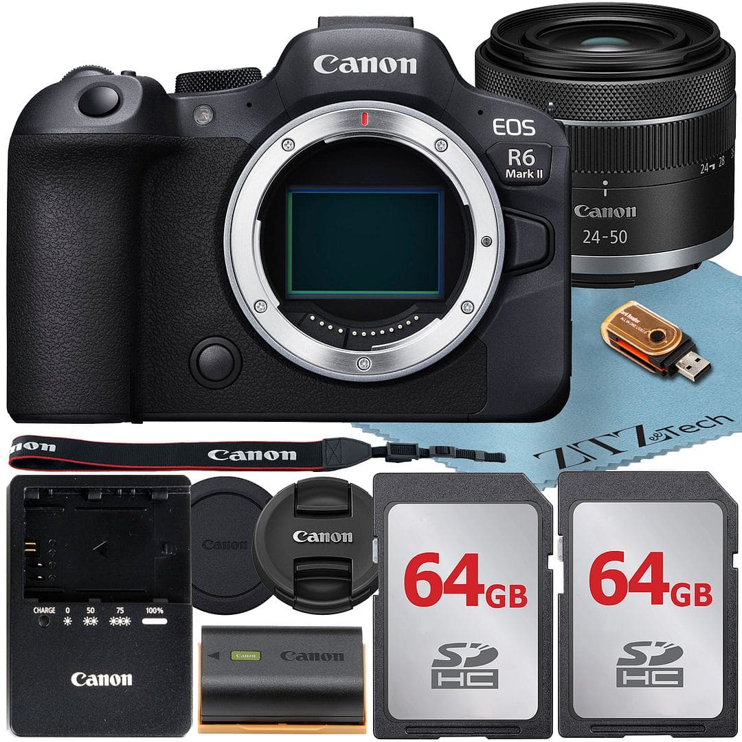 Canon - EOS R6 Mark II Mirrorless Camera with 24-50 Lens + 2x 64GB Card + ZeeTech Bundle (International Version) - Black