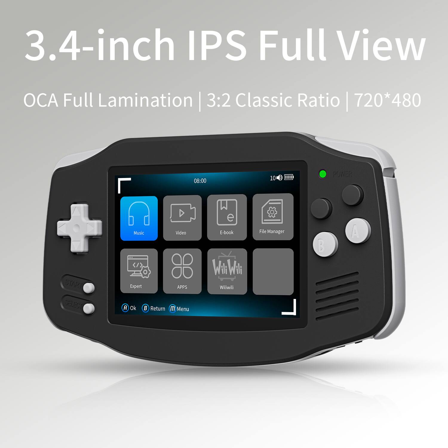 3.4-inch IPS Full View  
OCA Full Lamination | 3:2 Classic Ratio | 720*480  

Music  
Video  
E-book  
File Manager  
Expert  
APPS  
Wi-Fi  
WiiWii  

POWER  
Ok  
Return  
Menu