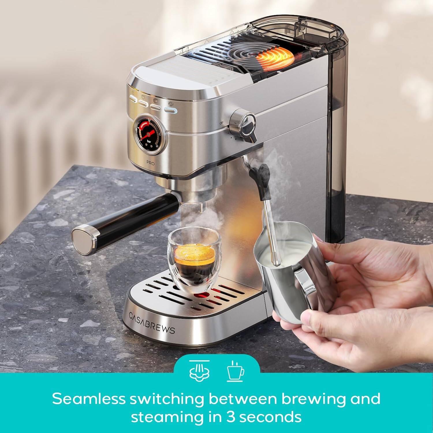 Seamless switching between brewing and steaming in 3 seconds