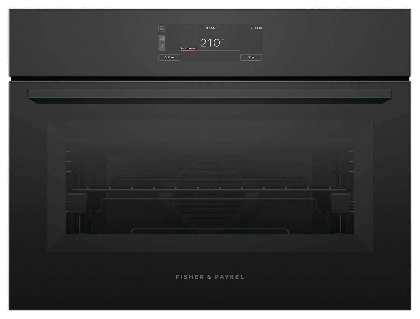 STEAM: 19:30 / Y 210° Rapid preheat Options Stop  
FISHER & PAYKEL