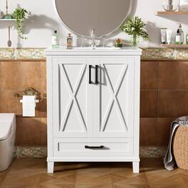 Boyel Living - 24 Inch Bathroom Vanity with Ceramic Sink, 2 Soft Close Doors, 1 Divided Drawer, Dual Door Shelves - White