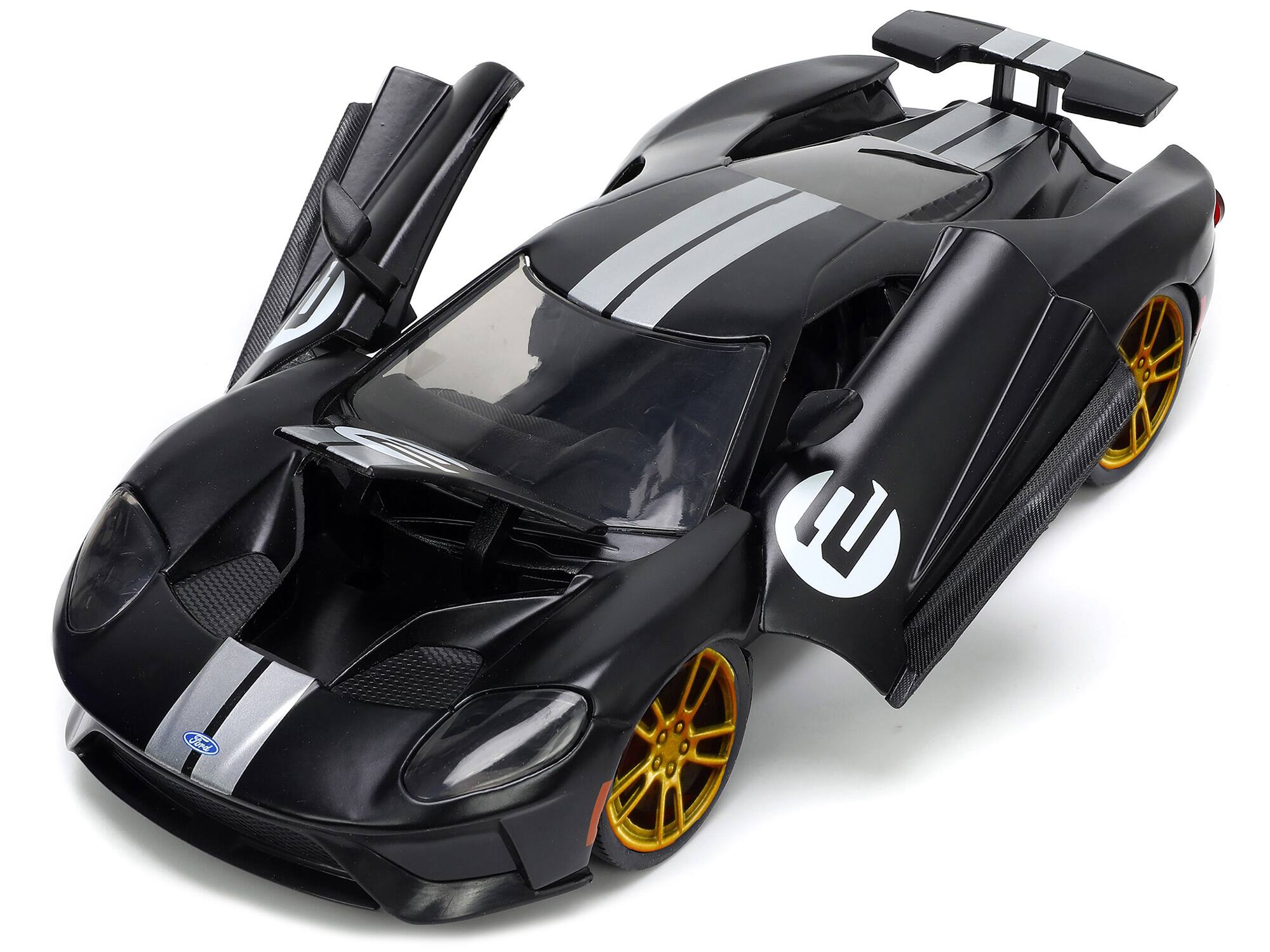 Alt View 1. Jada - 2017 Ford GT #2 Matt Black with Silver Stripes and Gold Wheels "Bigtime Muscle" Series 1/24 Diecast Model Car by Jada.
