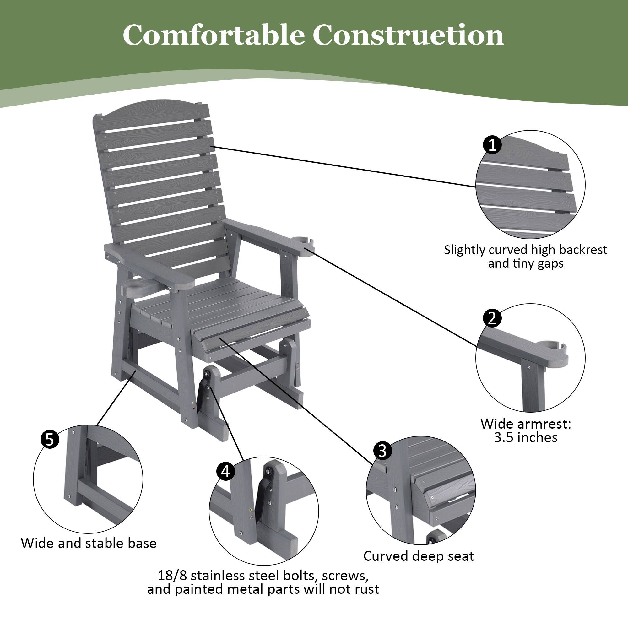 Comfortable Construction

1. Slightly curved high backrest and tiny gaps
2. Wide armrest: 3.5 inches
3. Curved deep seat
4. 18/8 stainless steel bolts, screws, and painted metal parts will not rust
5. Wide and stable base