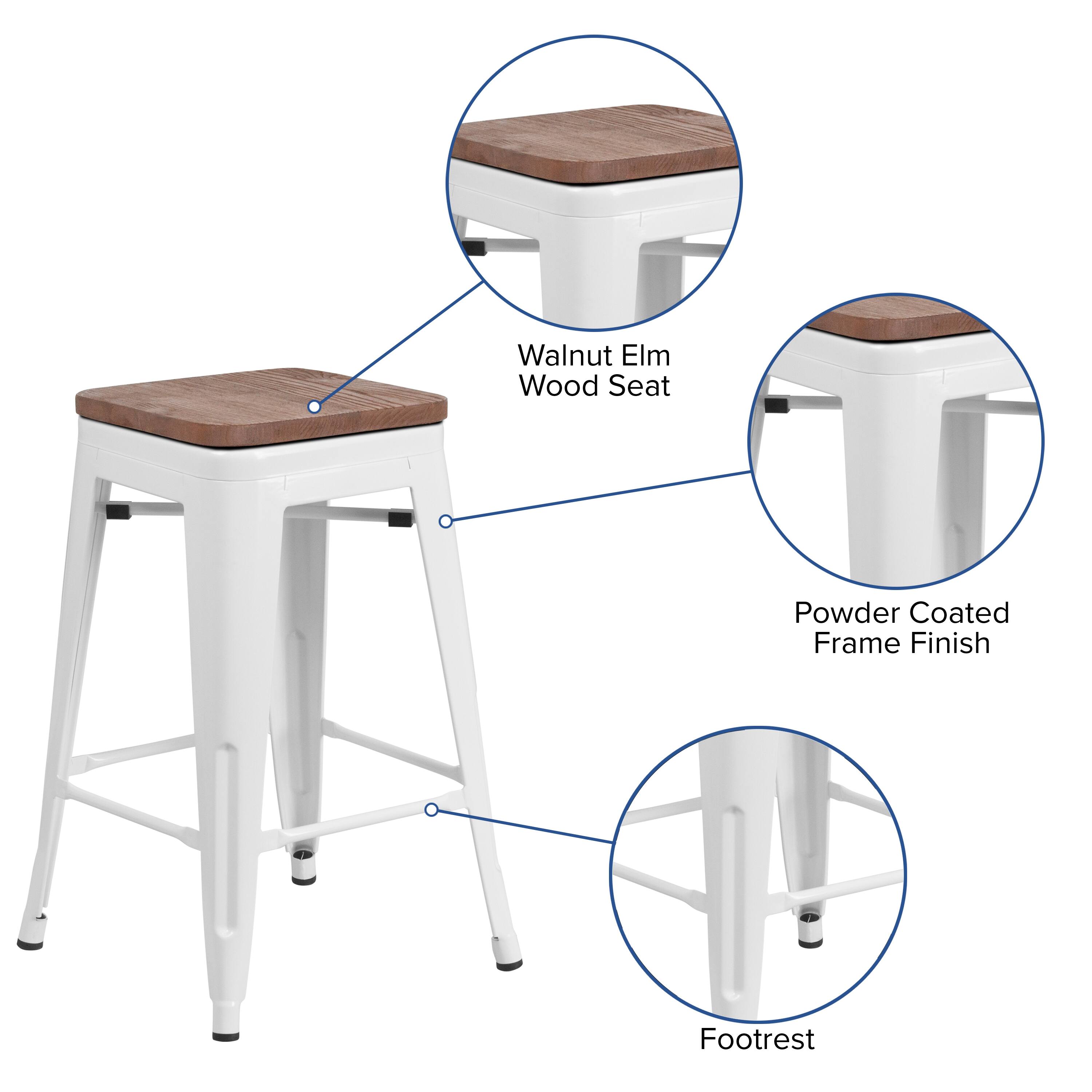 Walnut Elm Wood Seat  
Powder Coated Frame Finish  
Footrest