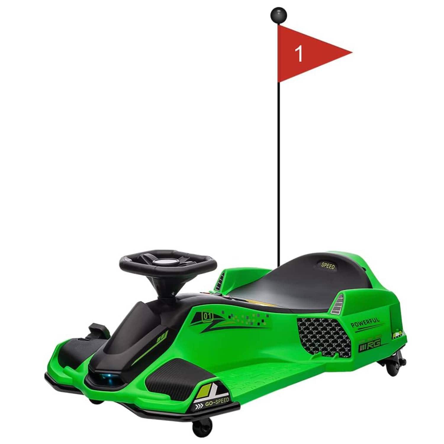 Jojoka - 12V Kids Electric Drift Go-Kart, Racing Car with 45W Motor, 5 MPH Variable Speed, LED Lights, Music & Safety Alarm - Green