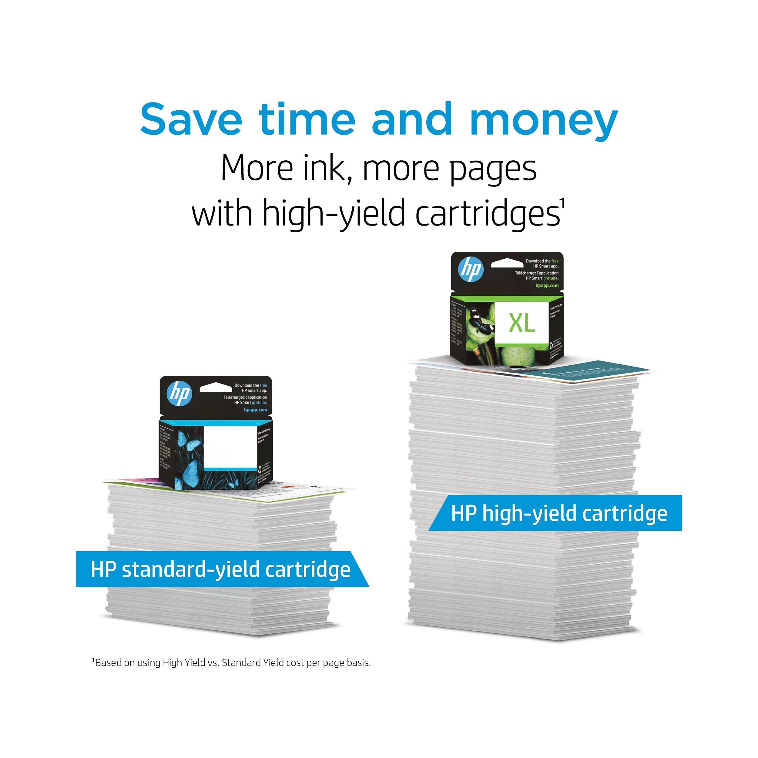 Save time and money  
More ink, more pages with high-yield cartridges¹  

HP standard-yield cartridge  
HP high-yield cartridge  

¹Based on using High Yield vs. Standard Yield cost per page basis.