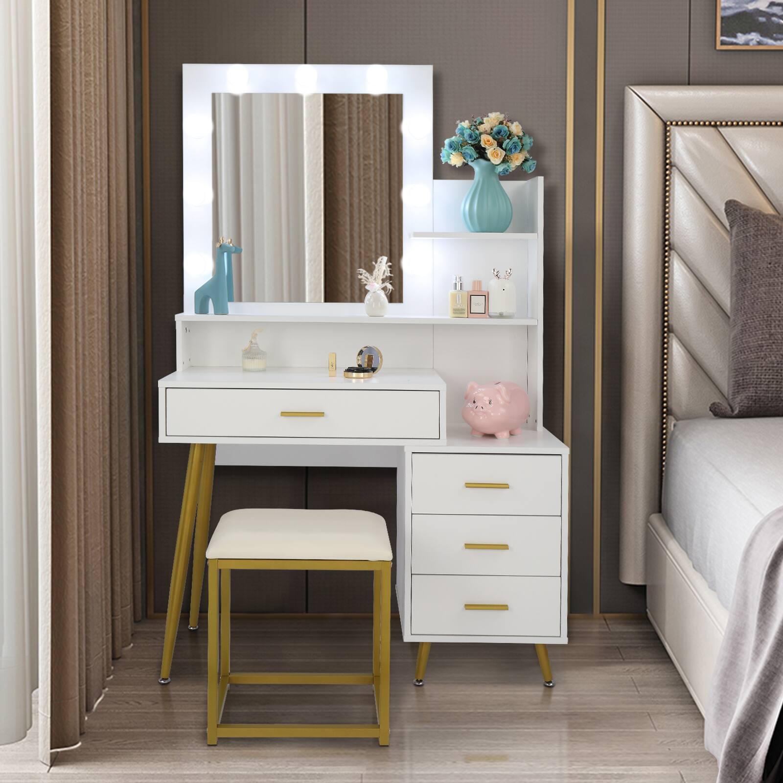 Alt View 7. Winado - Vanity Set with 3 Color Lighted Mirror Makeup Table 4 Drawers Dresser Cabinet Desk with Open Shelves & Stool for Bedroom - White.