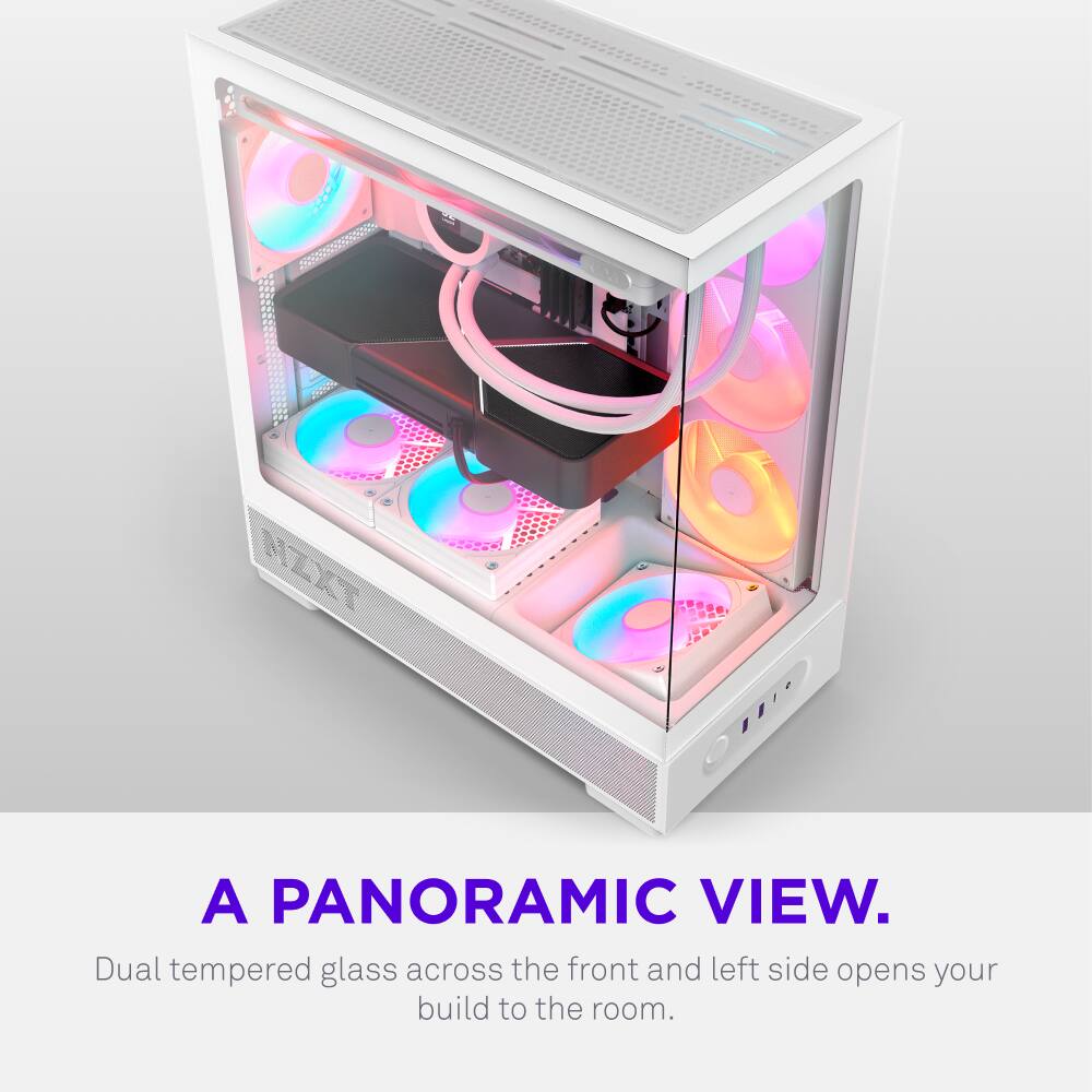 A PANORAMIC VIEW.  
Dual tempered glass across the front and left side opens your build to the room.