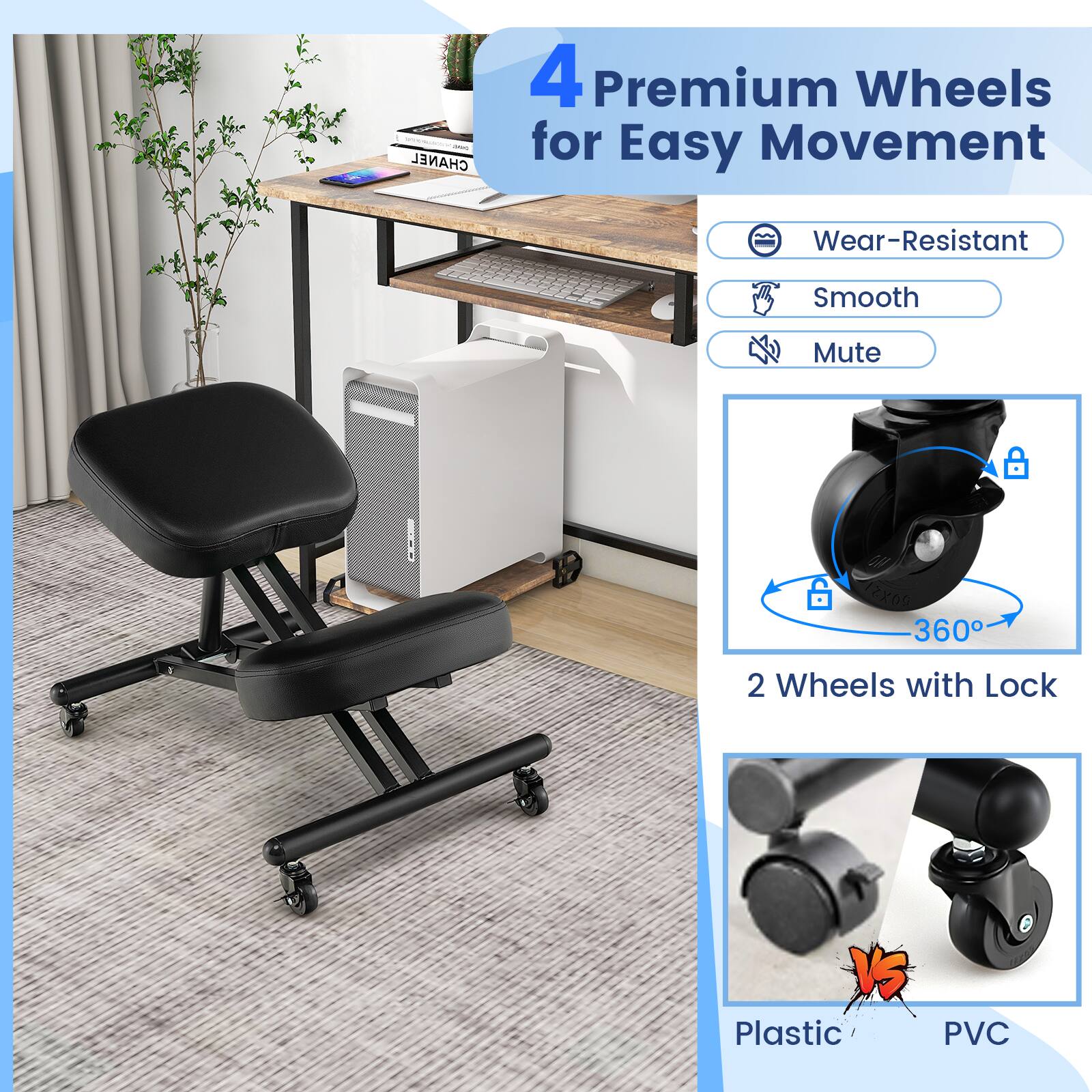 The text on the image is grouped and corrected as follows:

"4 Premium Wheels for Easy Movement Wear-Resistant Smooth Mute 360 2 Wheels with Lock Plastic PVC."