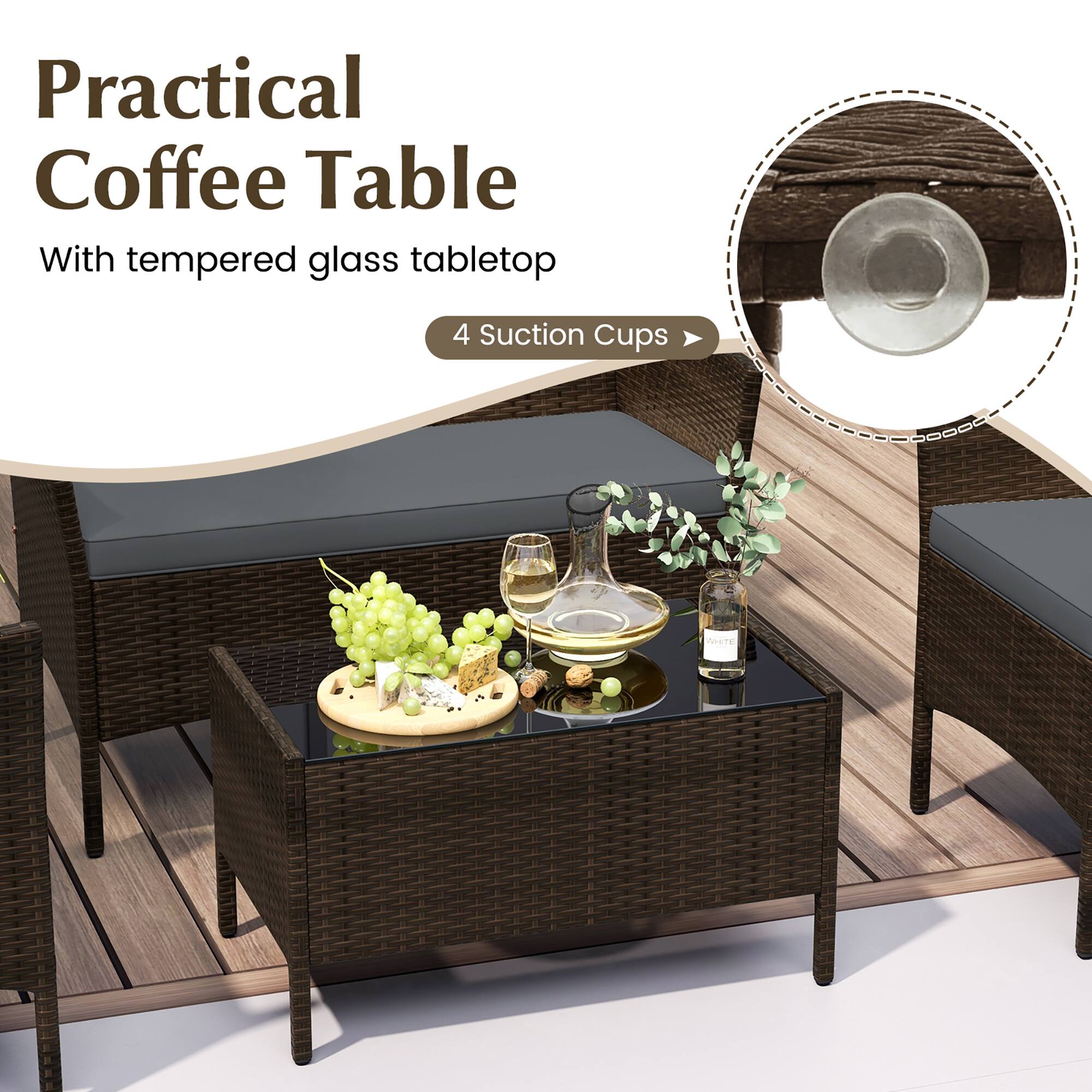 Practical Coffee Table
With tempered glass tabletop
4 Suction Cups