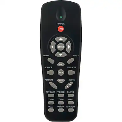 POWER
1/0
ENTER
MENU
ASPECT
SOURCE
VOL
MUTE
KEYSTONE
VOL
MOUSE
AUTO ADJ.
FREEZE
BLANK
ZOOM
ZOOM
INFO
VGA
VIDEO
S-VIDEO