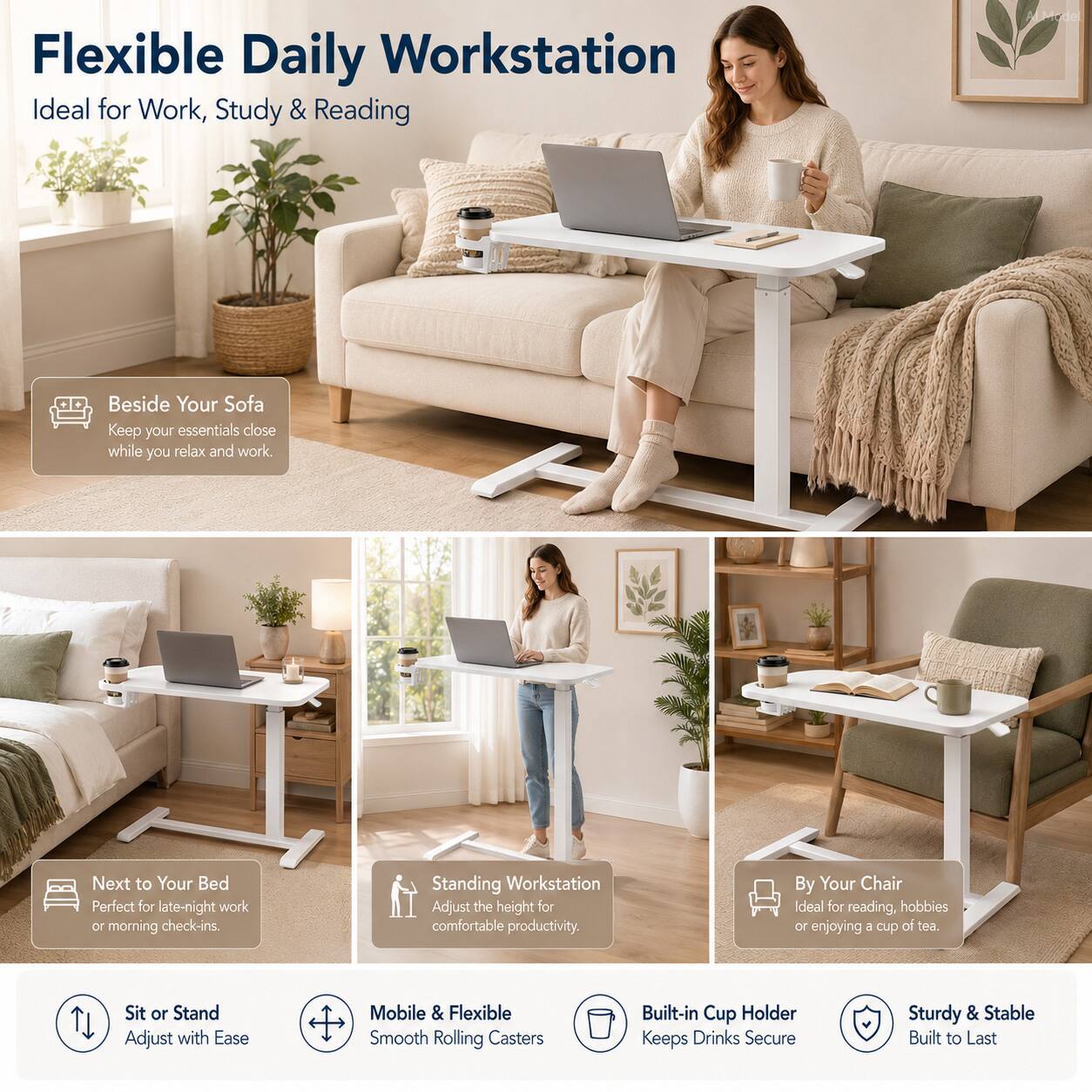 Flexible Daily Workstation  
Ideal for Work, Study & Reading

- Beside Your Sofa  
  Keep your essentials close while you relax and work.

- Next to Your Bed  
  Perfect for late-night work or morning check-ins.

- Standing Workstation  
  Adjust the height for comfortable productivity.

- By Your Chair  
  Ideal for reading, hobbies or enjoying a cup of tea.

- Sit or Stand  
  Adjust with Ease

- Mobile & Flexible  
  Smooth Rolling Casters

- Built-in Cup Holder  
  Keeps Drinks Secure

- Sturdy & Stable  
  Built to Last