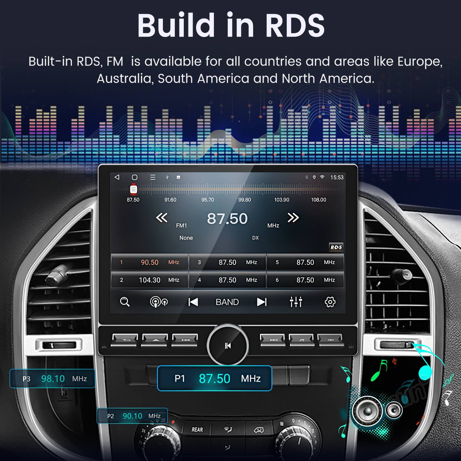 Build in RDS  
Built-in RDS, FM is available for all countries and areas like Europe, Australia, South America and North America.