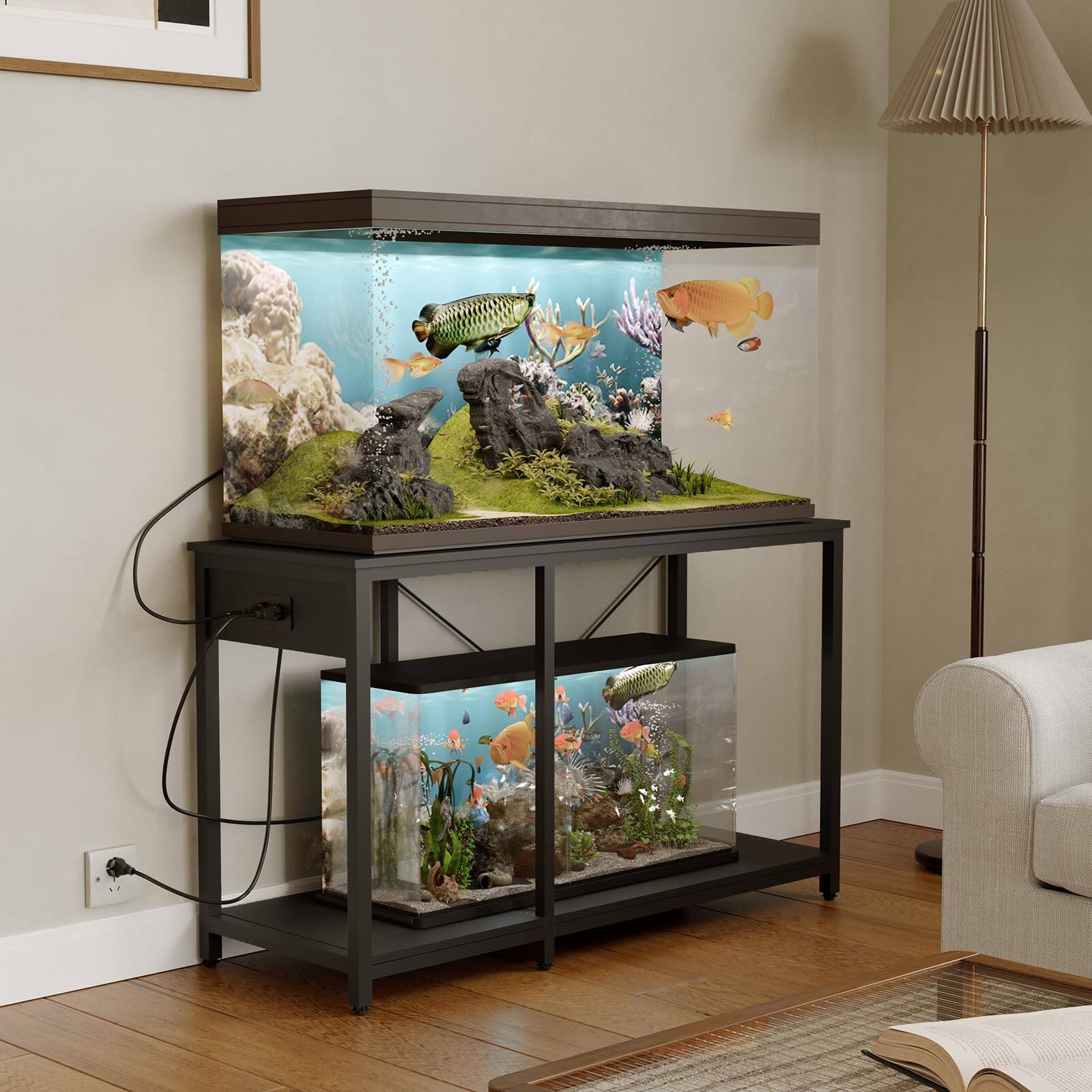 Back. HOMLUX - 55-75 Gallon Fish Tank Stand with Power Outlet & LED Light Supports Up to 410 lbs Metal Aquarium Stand, Black - Black.