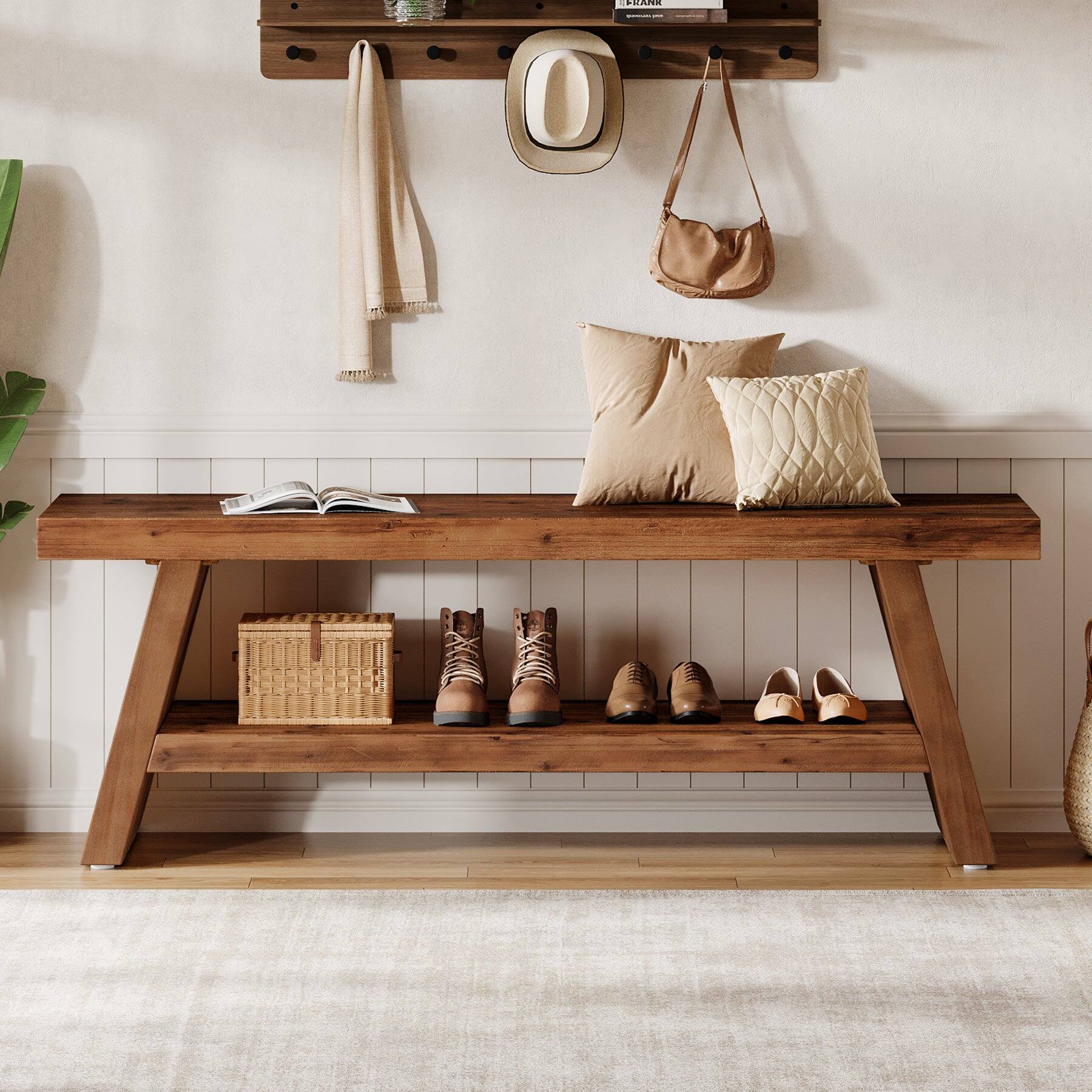 Alt View 1. Tribesigns - Office Reception Bench with Solid Wood Construction, Storage Shelves, for Office Entryways and Waiting Areas - Brown.