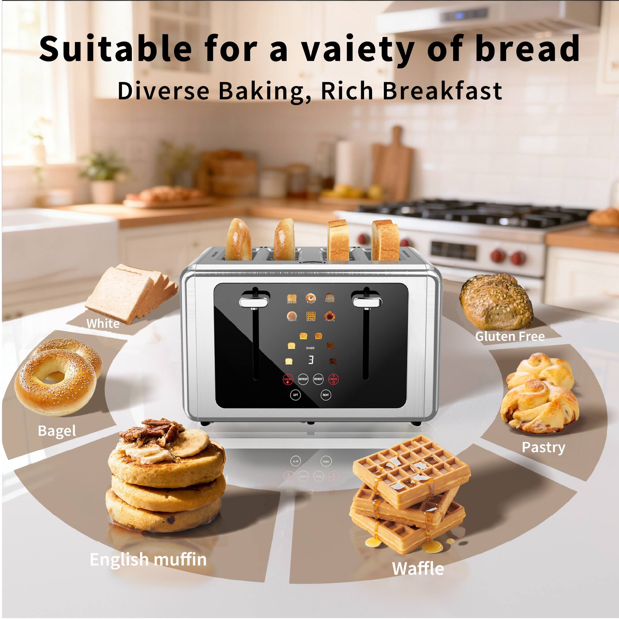 Suitable for a variety of bread  
Diverse Baking, Rich Breakfast  

- White  
- Bagel  
- English muffin  
- Waffle  
- Gluten Free  
- Pastry