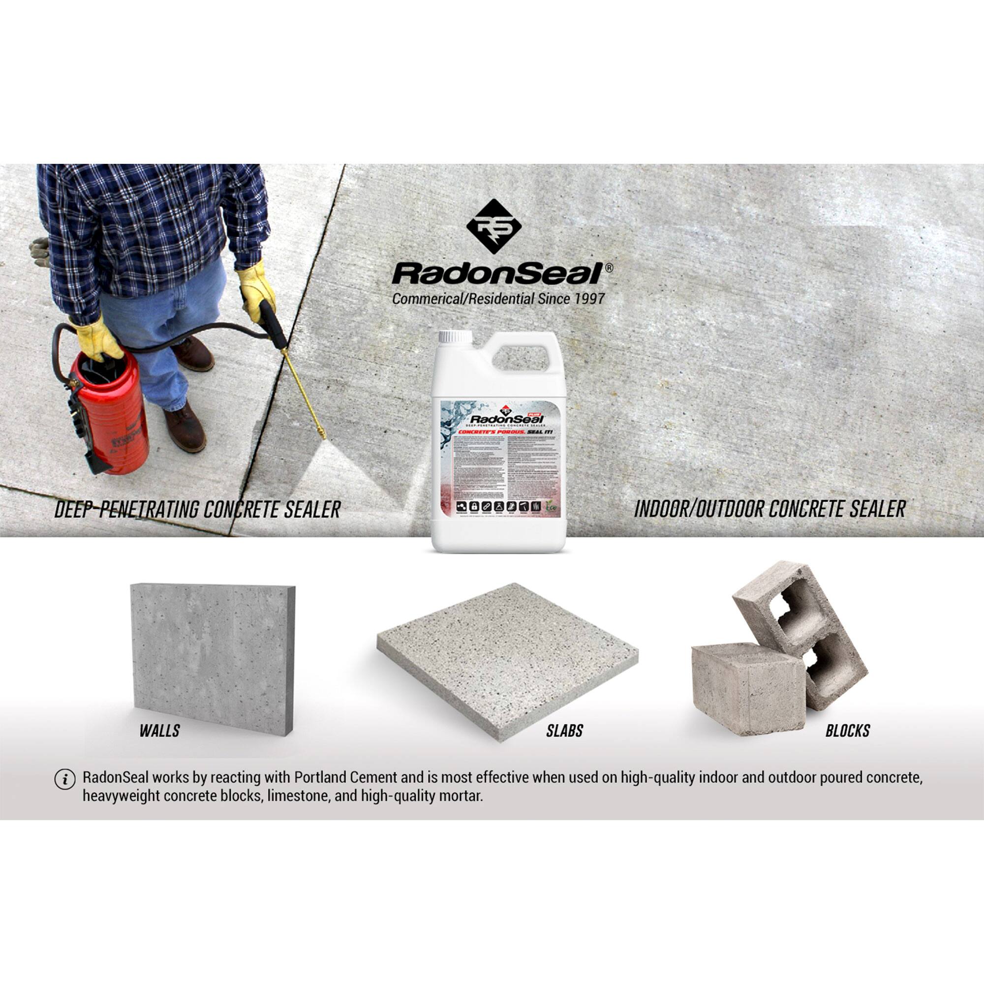 RadonSeal  
Commercial/Residential Since 1997  

DEEP-PENETRATING CONCRETE SEALER  

INDOOR/OUTDOOR CONCRETE SEALER  

WALLS  
SLABS  
BLOCKS  

RadonSeal works by reacting with Portland Cement and is most effective when used on high-quality indoor and outdoor poured concrete, heavyweight concrete blocks, limestone, and high-quality mortar.