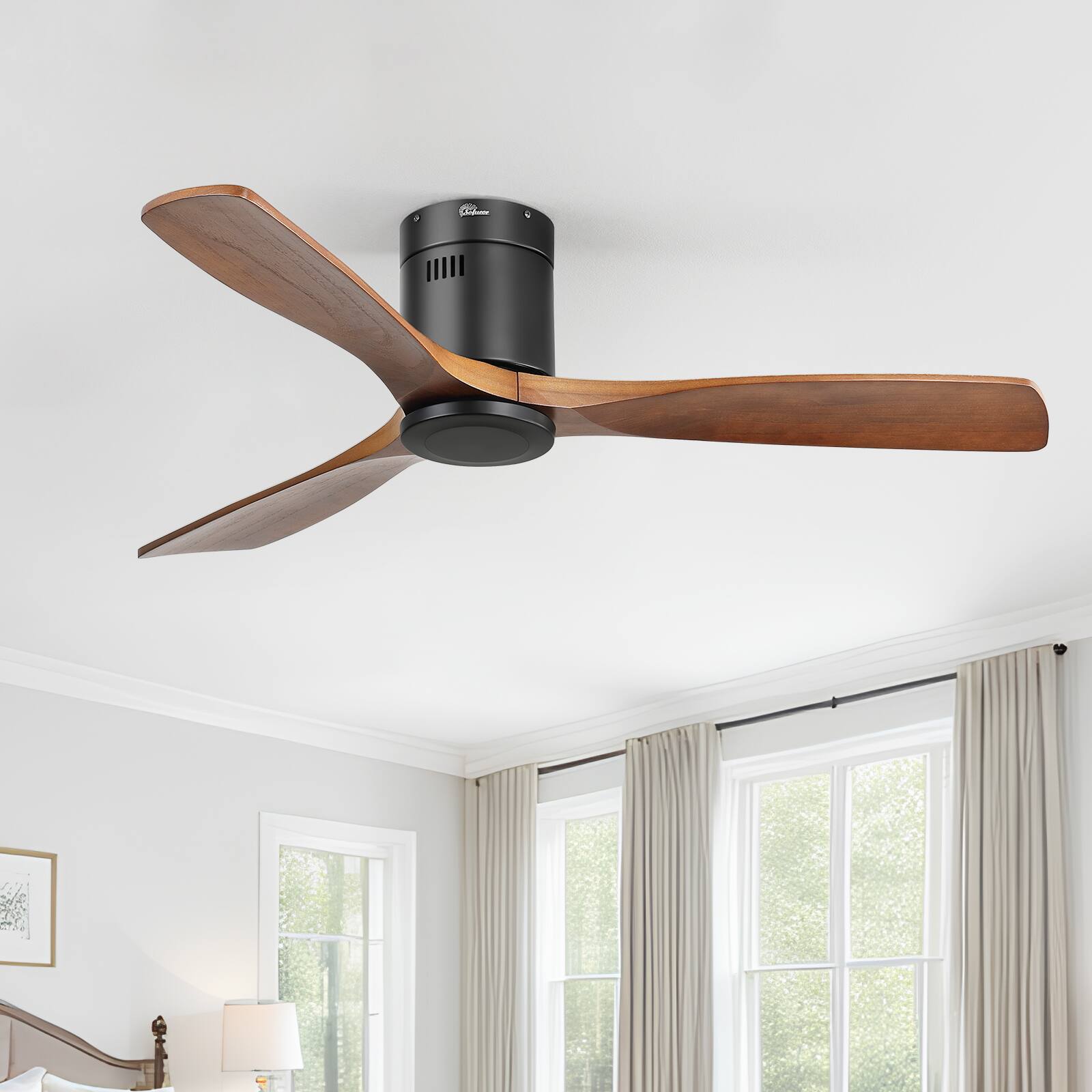 Left. Sofucor - 52 Inch Black Ceiling Fan No Night with Remote 6 Speed/Solid Wood Blades/Bedroom Low Profile Ceiling Fans Quiet - Black Walnut Wood.