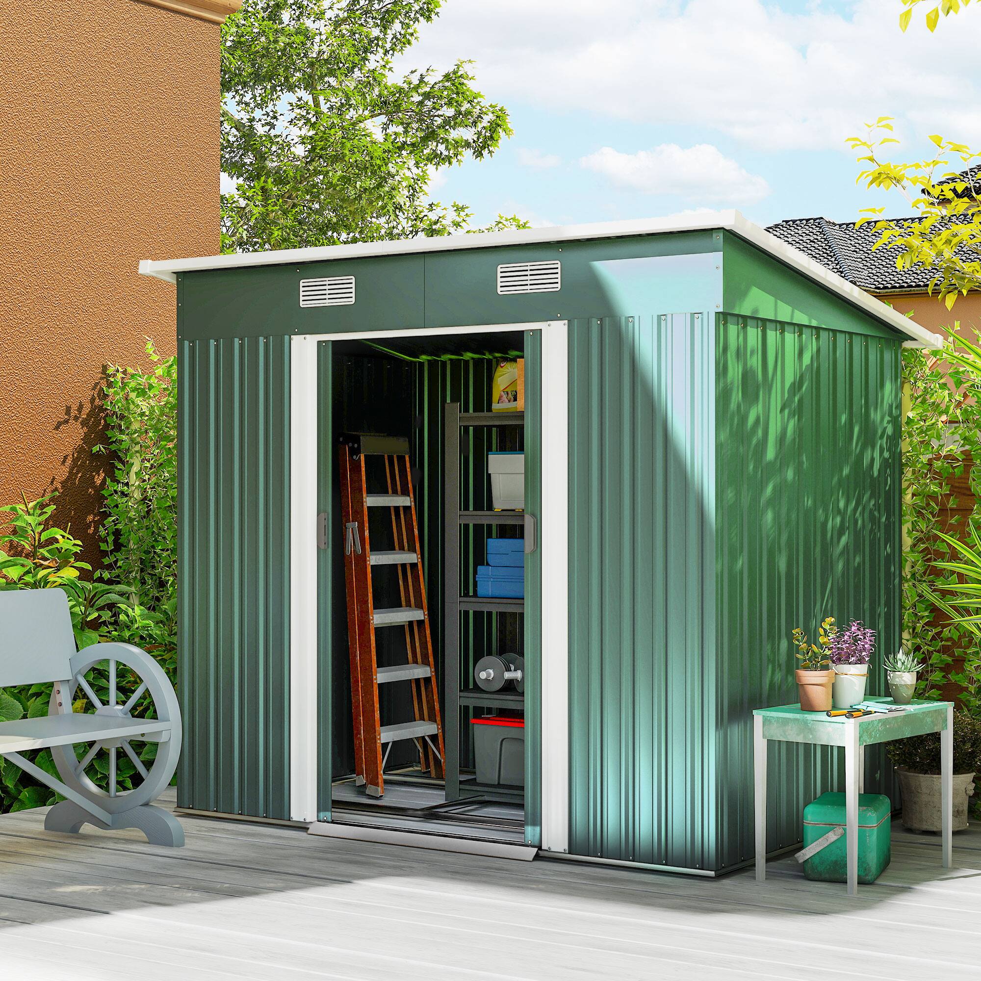 Alt View 1. Outsunny - 7' x 4' Outdoor Storage Shed, Metal Garden Tool House with Sloping Roof and Lockable Door for Backyard - Dark Green.