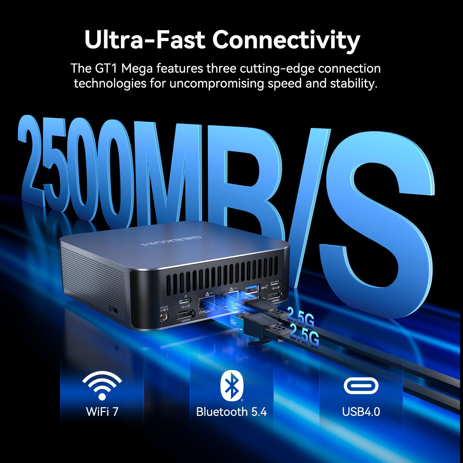 Ultra-Fast Connectivity  
The GT1 Mega features three cutting-edge connection technologies for uncompromising speed and stability.  
- WiFi 7  
- Bluetooth 5.4  
- USB4.0