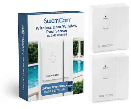 SwamCam Wireless Door/Window Pool Sensor UL 2017 Certified
2-Pack Smart Sensor MODEL# SCDS1-2PK
Status Bypass SwamCam