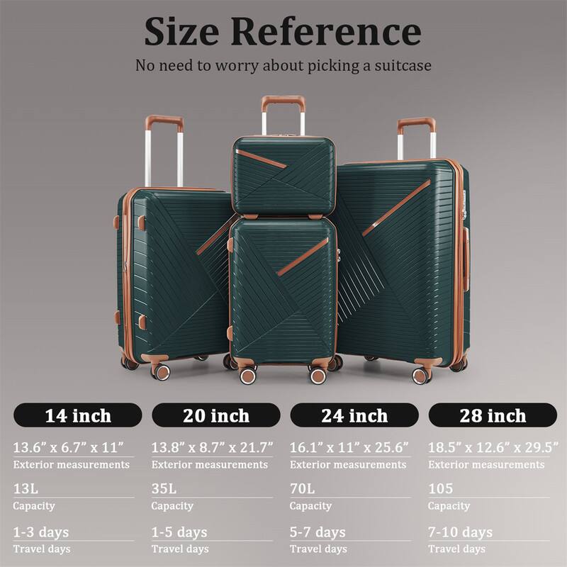Size Reference  
No need to worry about picking a suitcase

14 inch  
13.6" x 6.7" x 11"  
Exterior measurements  
13L Capacity  
1-3 days Travel days

20 inch  
13.8" x 8.7" x 21.7"  
Exterior measurements  
35L Capacity  
1-5 days Travel days

24 inch  
16.1" x 11" x 25.6"  
Exterior measurements  
70L Capacity  
5-7 days Travel days

28 inch  
18.5" x 12.6" x 29.5"  
Exterior measurements  
105 Capacity  
7-10 days Travel days