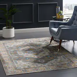 Modway - Success Anisah Distressed Floral Vintage Medallion Area Rug - Gray Ivory Yellow Orange