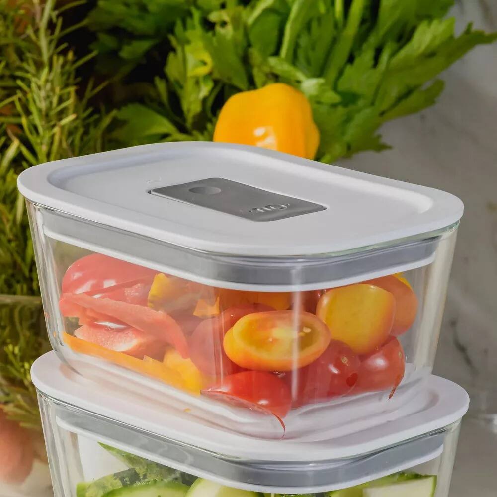 Angle. OU - OU Glass Food Storage Container 13oz - Airtight Lid Oven, Microwave, Freezer & Dishwasher Safe.