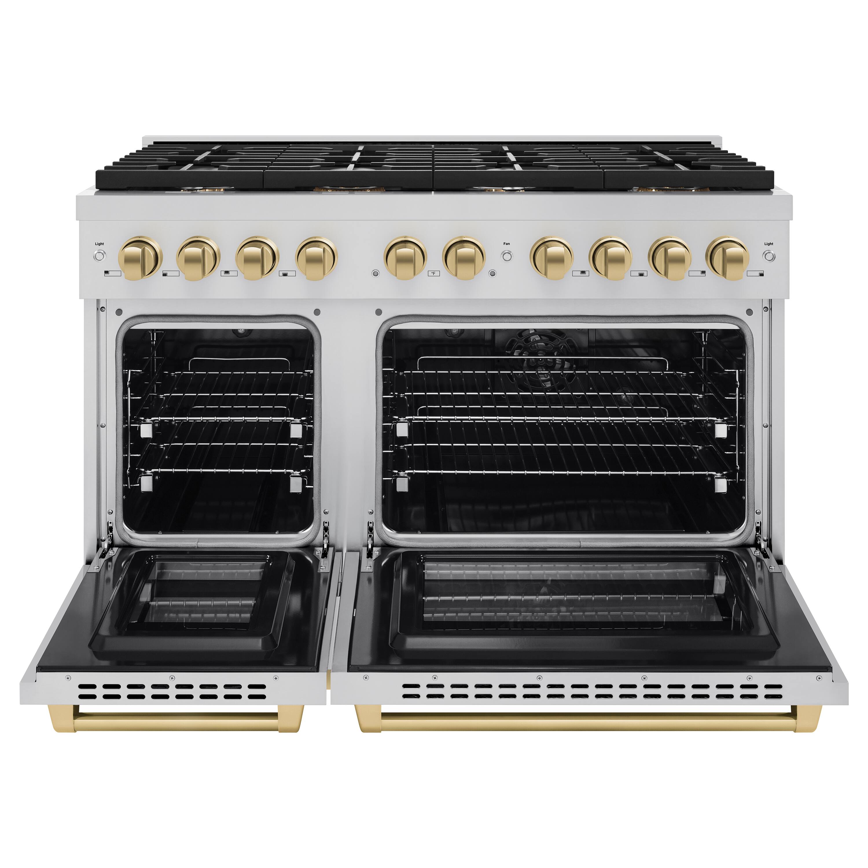 Angle. ZLINE - Autograph 48 in. 6.7 cu. ft. Freestanding Paramount Dual Fuel Range w/ 8 Burners in Stainless Steel and Bronze Accents - Stainless Steel.
