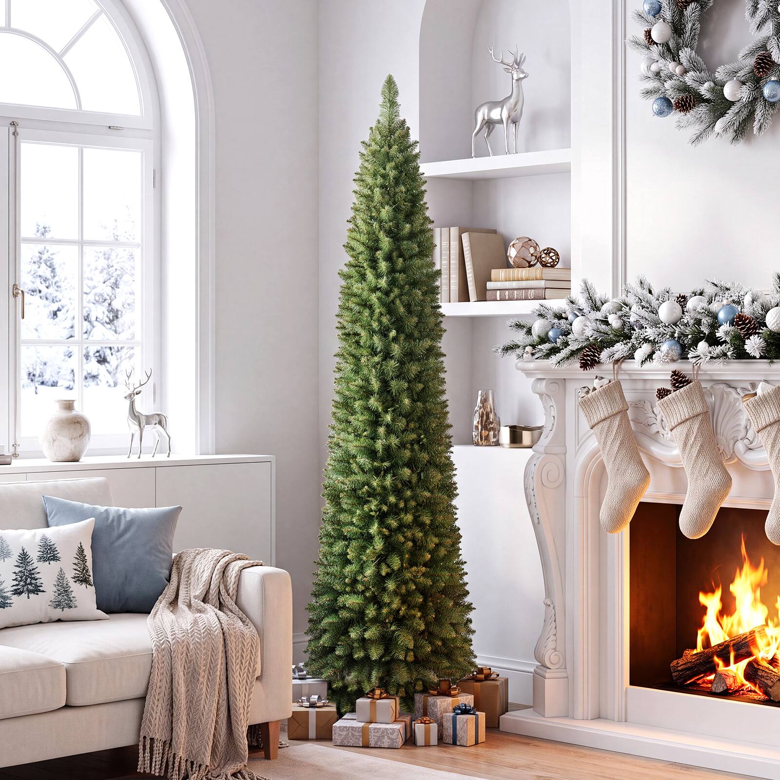 Alt View 3. Gymax - Gymax 6 FT Pre-Lit Artificial Christmas Tree, Realistic Slim Pencil Xmas Tree - Green.