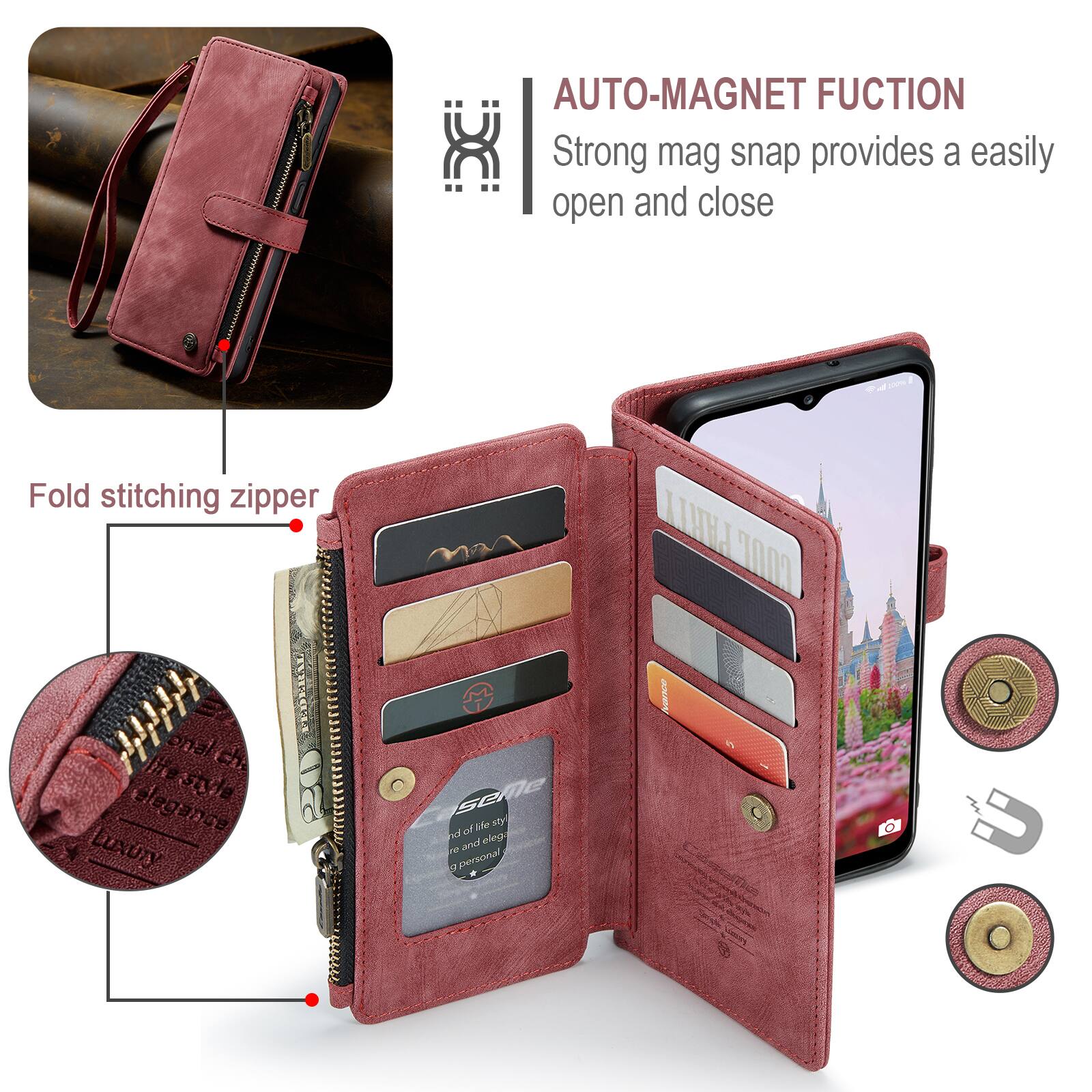 AUTO-MAGNET FUNCTION  
Strong mag snap provides a easily open and close  

Fold stitching zipper  

LUXURY  
elegant style  

life style  
elegant and personal