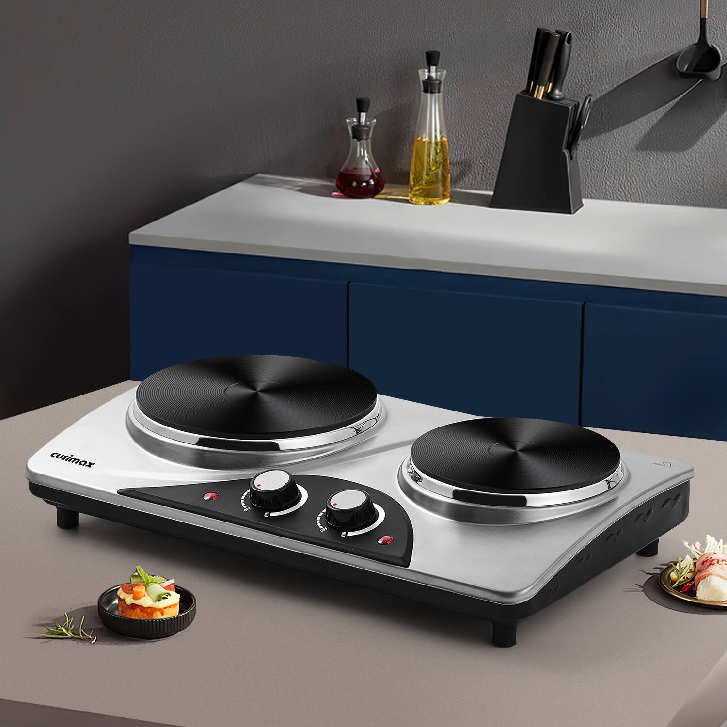 Angle. Cusimax - Double Cast Iron Burners 1800W Electric Hot Plate Portable  Cooktop Heat Up in Seconds For Types Cookwares - Silver.