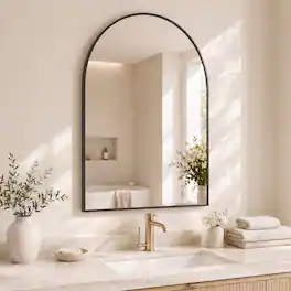 Sweetcrispy - 30" x 38" Arch Framed Bathroom Wall Mirror, Shatterproof Vanity Mirror, Anti-Rust, Hanging or Leaning - Black