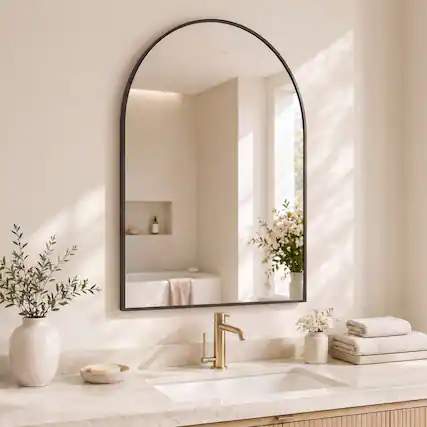Front. Sweetcrispy - 30" x 38" Arch Framed Bathroom Wall Mirror, Shatterproof Vanity Mirror, Anti-Rust, Hanging or Leaning - Black.