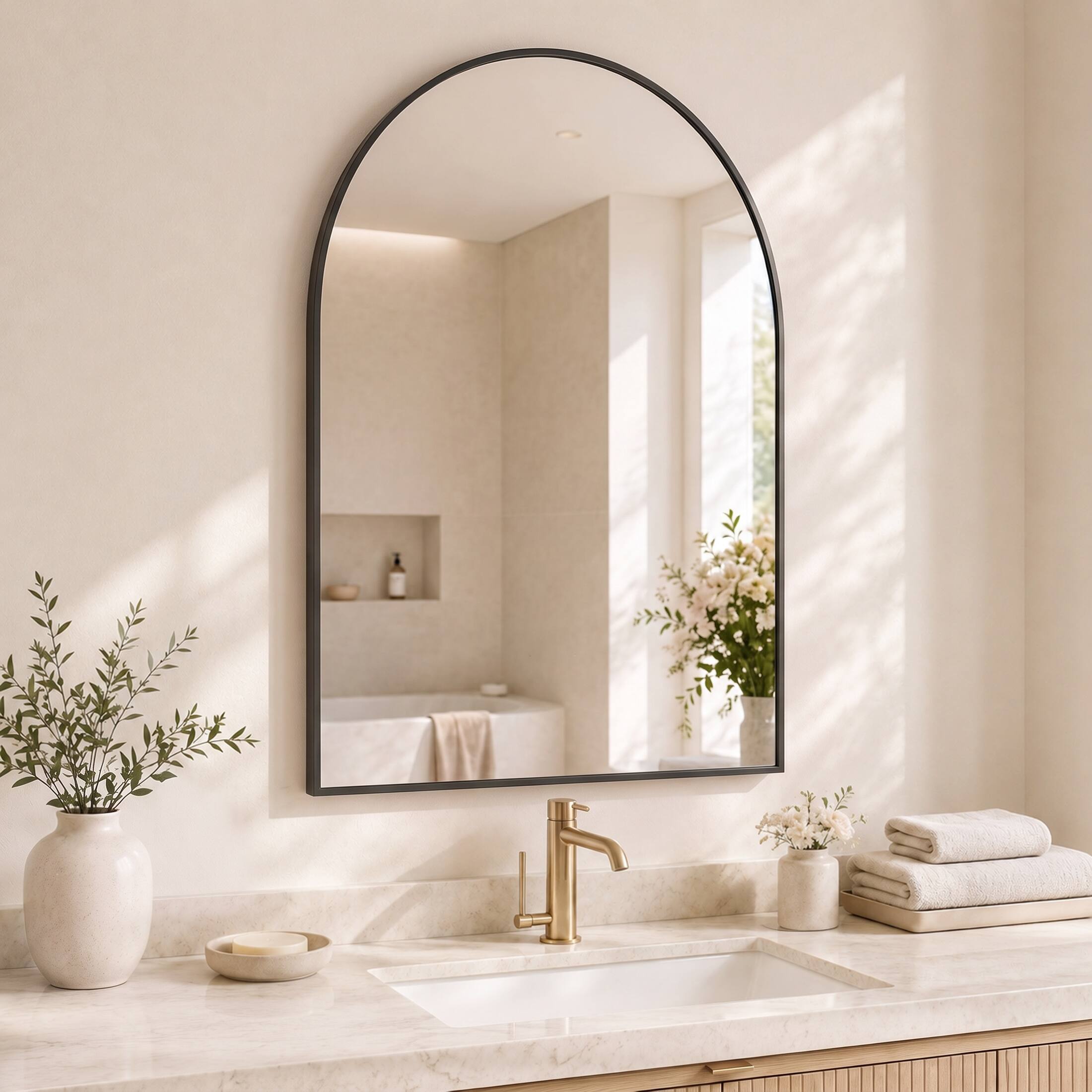 Front. Sweetcrispy - 30" x 38" Arch Framed Bathroom Wall Mirror, Shatterproof Vanity Mirror, Anti-Rust, Hanging or Leaning - Black.