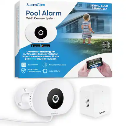 SwamCam Pool Alarm Wi-Fi Camera System
KEYPAD SOLD SEPARATELY
SwamCam - 11 - App Store Google Play
OverwatchAI Technology For 24/7 Proactive Perimeter Protection
So you know when someone's AT your pool before they're IN your pool!
HD Live View
AI Human Detection
ASTM F2208 Certified Safety
Instant Alerts
SwamCam